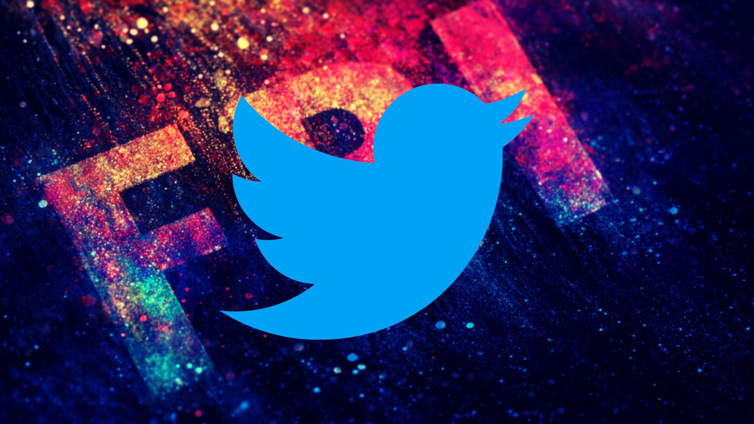 Large blue Twitter bird silhouette centered on a dark, glittery background with bright pink, purple, orange and teal speckles and streaks.