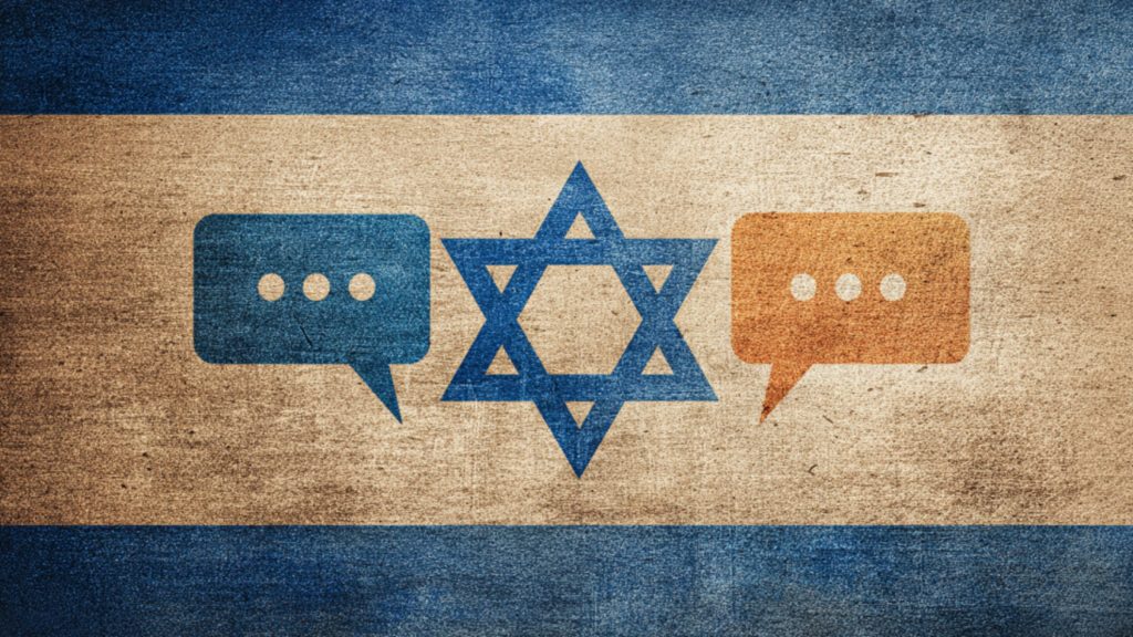 Israeli-flag background with a blue Star of David centered between a blue speech bubble on the left and an orange speech bubble on the right, each containing three ellipsis dots.