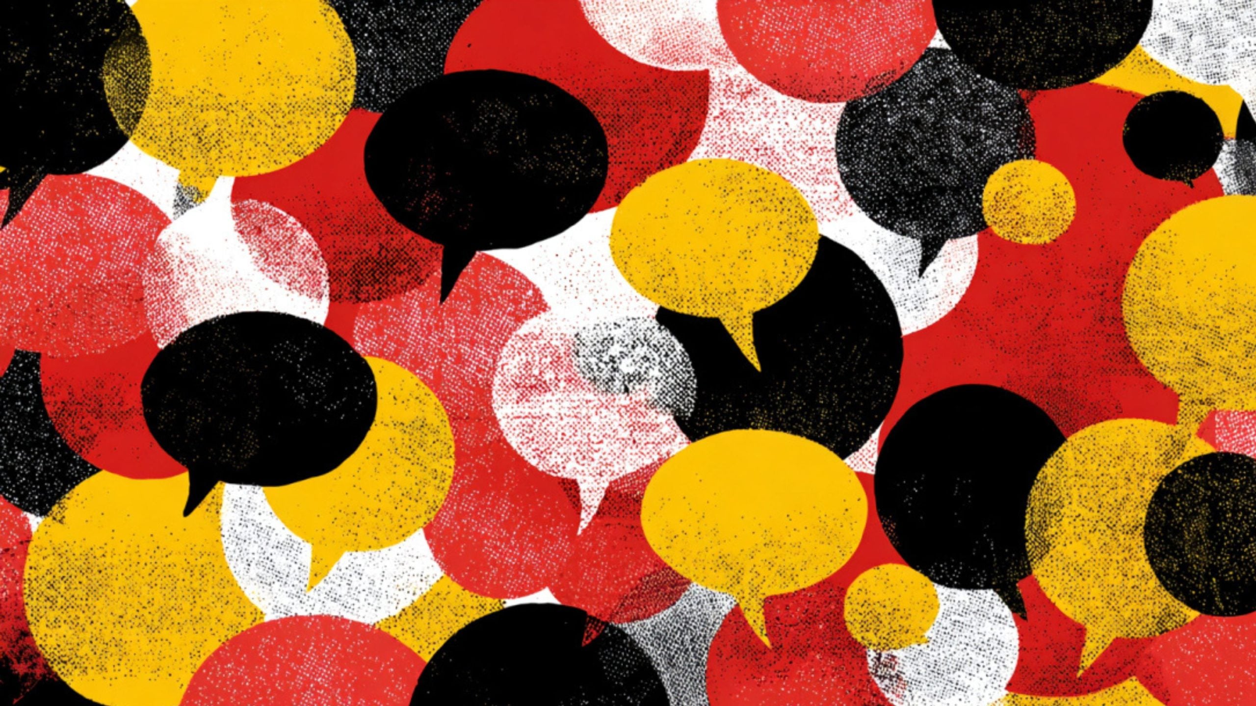 Overlapping textured speech bubbles in red, yellow, black, and white fill the frame, forming a dense halftone-patterned abstract collage.