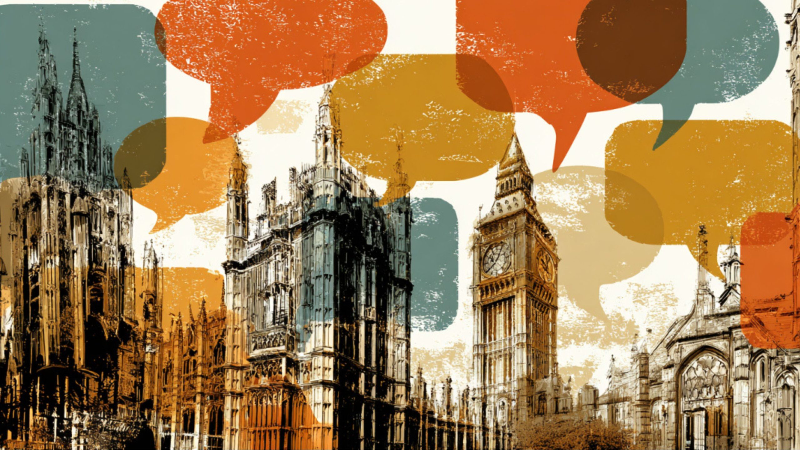 Stylized sketch of London’s Houses of Parliament and Big Ben in sepia tones with textured, overlapping teal, mustard, and orange speech-bubble shapes across the sky.