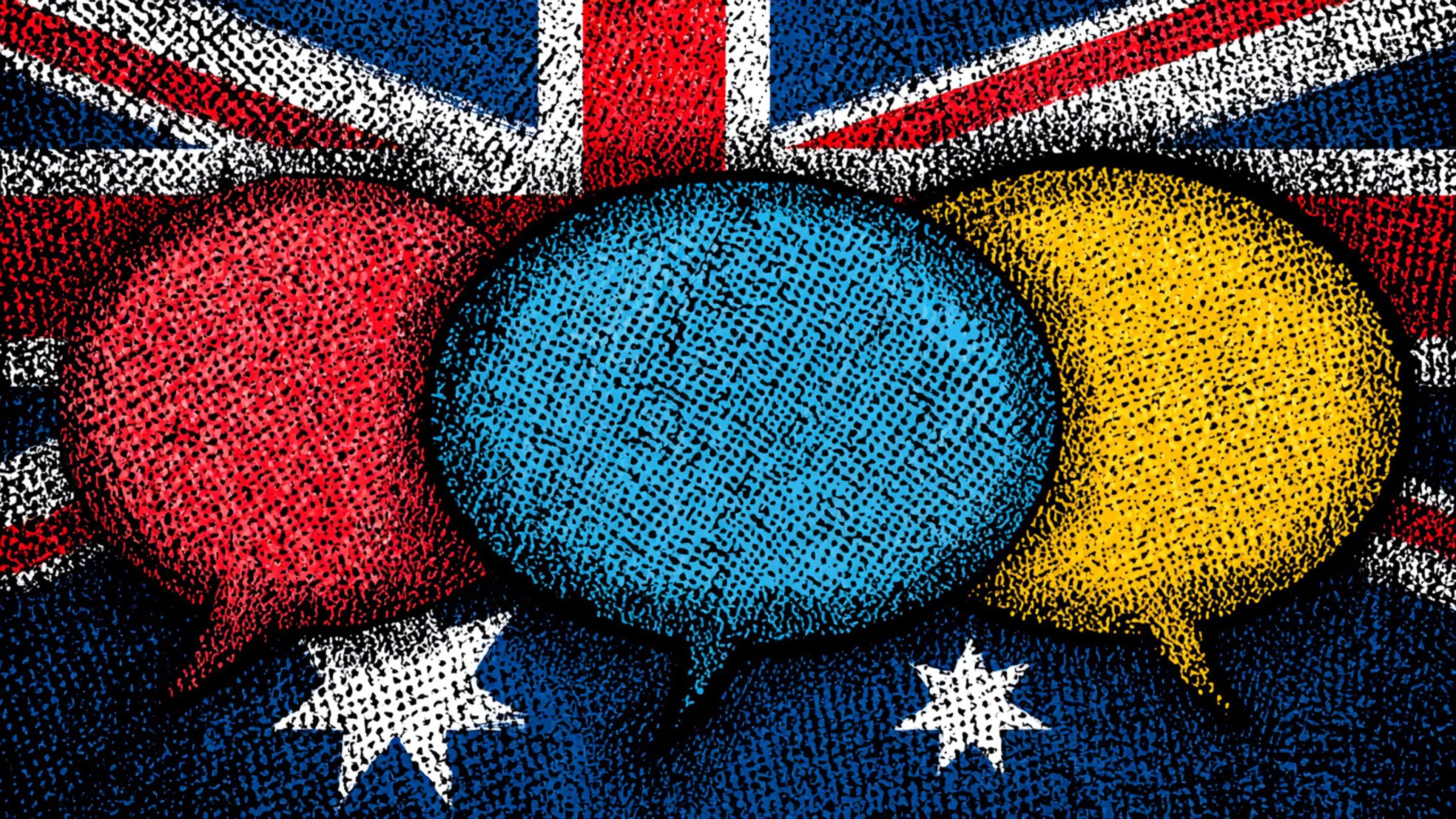 Three overlapping textured speech bubbles—red, blue, and yellow—centered over a stylized background combining the Union Jack and the dark-blue Australian flag with white stars.