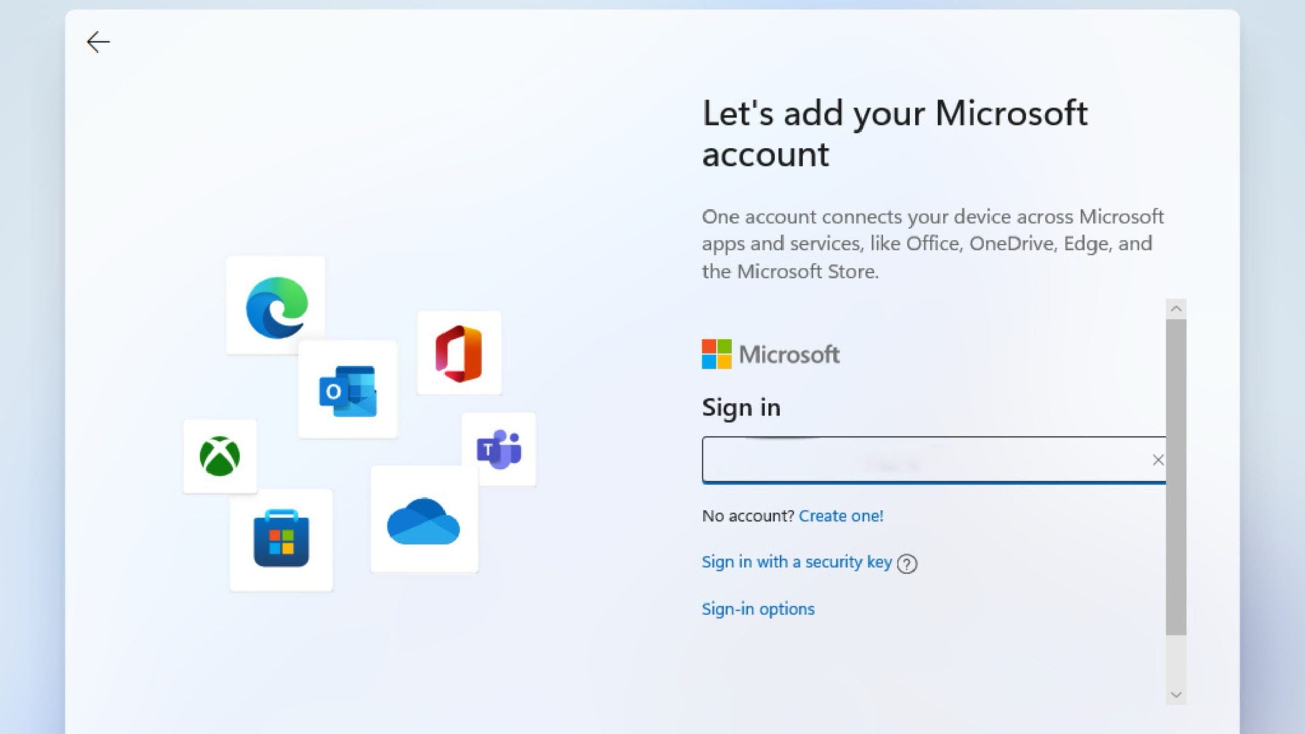 Setup screen titled “Let’s add your Microsoft account” with the Microsoft logo and a sign-in field on the right and a cluster of app icons (Edge, Outlook, Office, Teams, Xbox, Microsoft Store, OneDrive) floating on a pale background to the left.