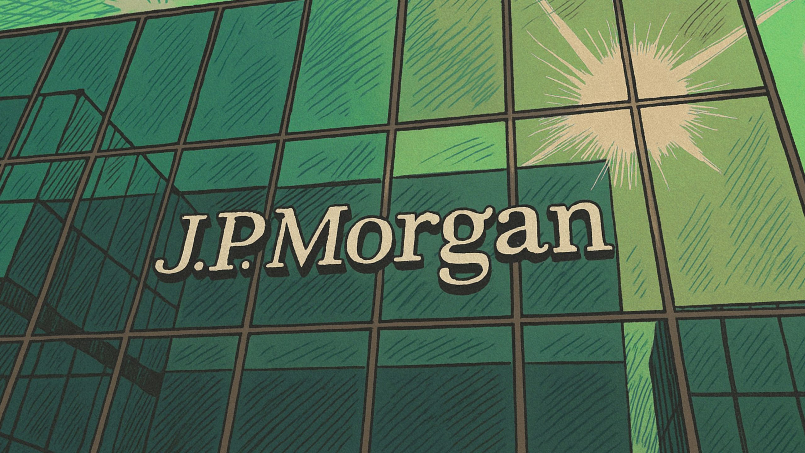 J.P. Morgan logo in white letters on a green-tinted glass building facade with grid-like window panes and a bright sunlike glare reflecting in the top right.