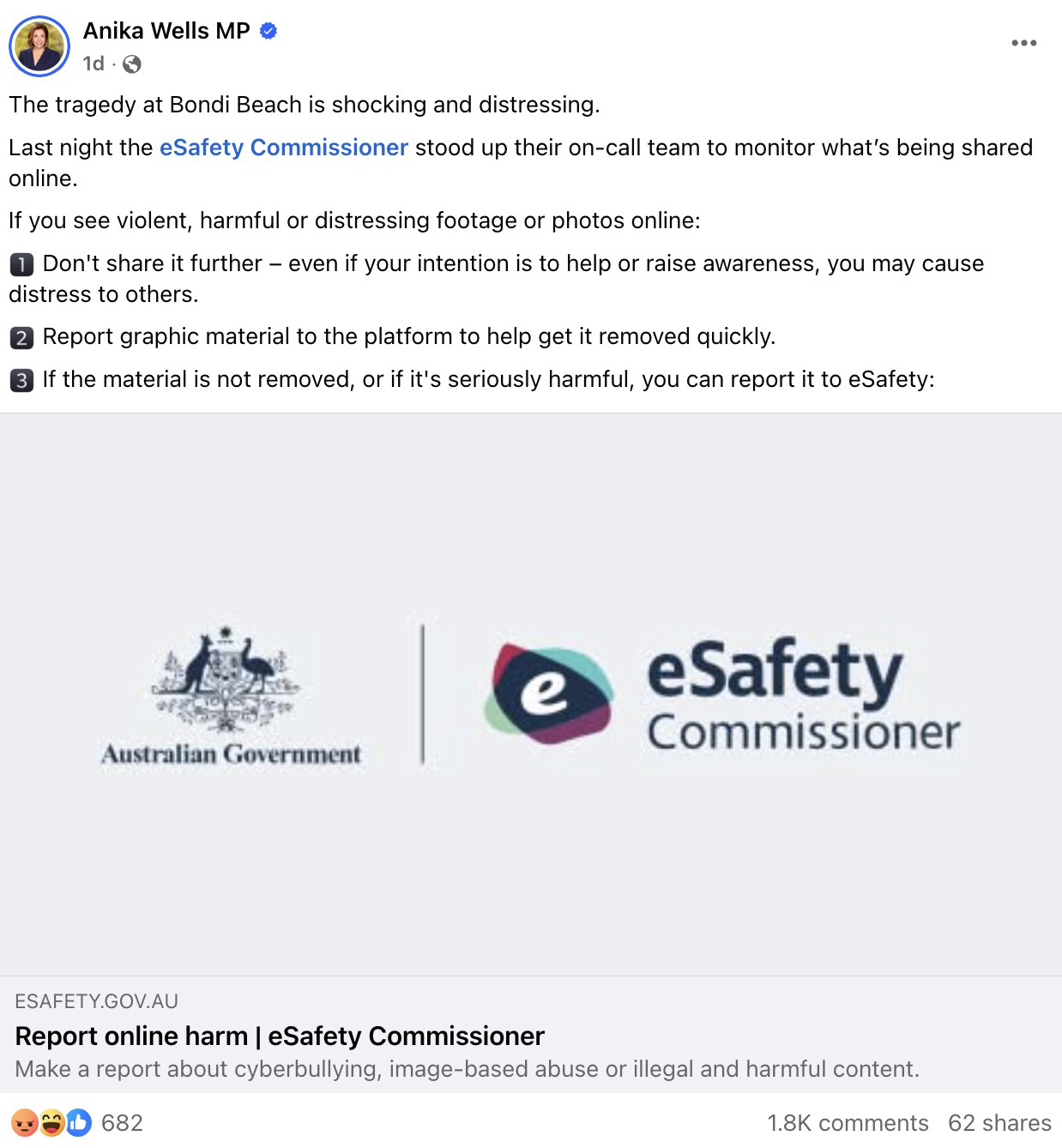 Social post by a verified MP about Bondi Beach urging not to share violent or distressing footage, with eSafety logo.