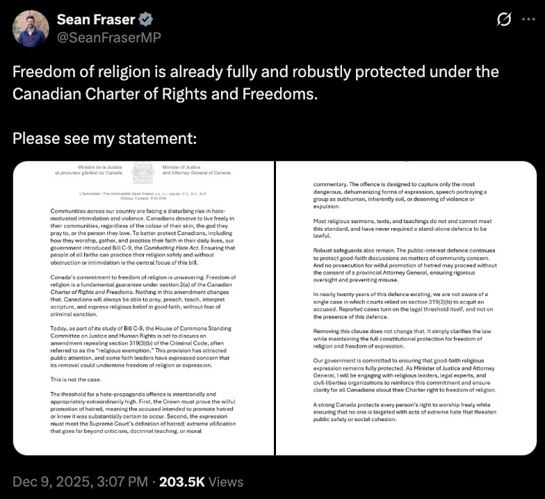Verified Canadian politician's tweet asserting religious freedom is protected under the Charter, with an attached multi-page statement and view count.