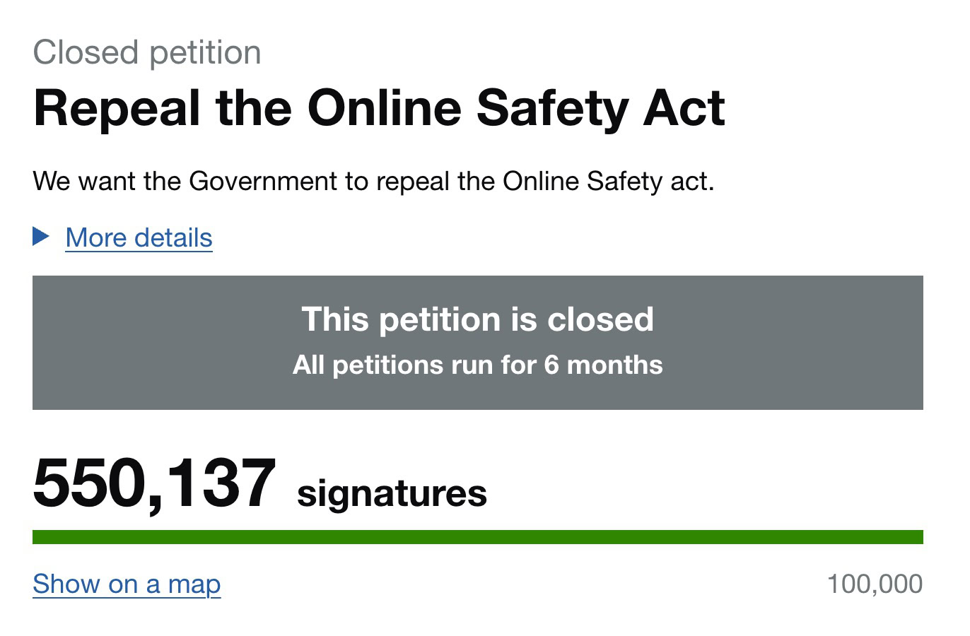 Petition titled "Repeal the Online Safety Act" showing "This petition is closed" and 550,137 signatures with a green progress bar