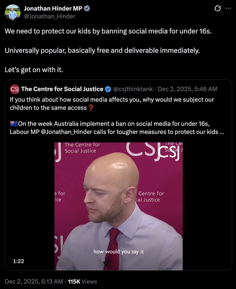 Screenshot of a social-media post calling to ban social media for under-16s, with the post text at top and an embedded video thumbnail showing a bald man in a light shirt and red tie speaking in front of a pink backdrop displaying 'CSJ' and 'Centre for Social Justice' and the on-screen caption 'how would you say it'.