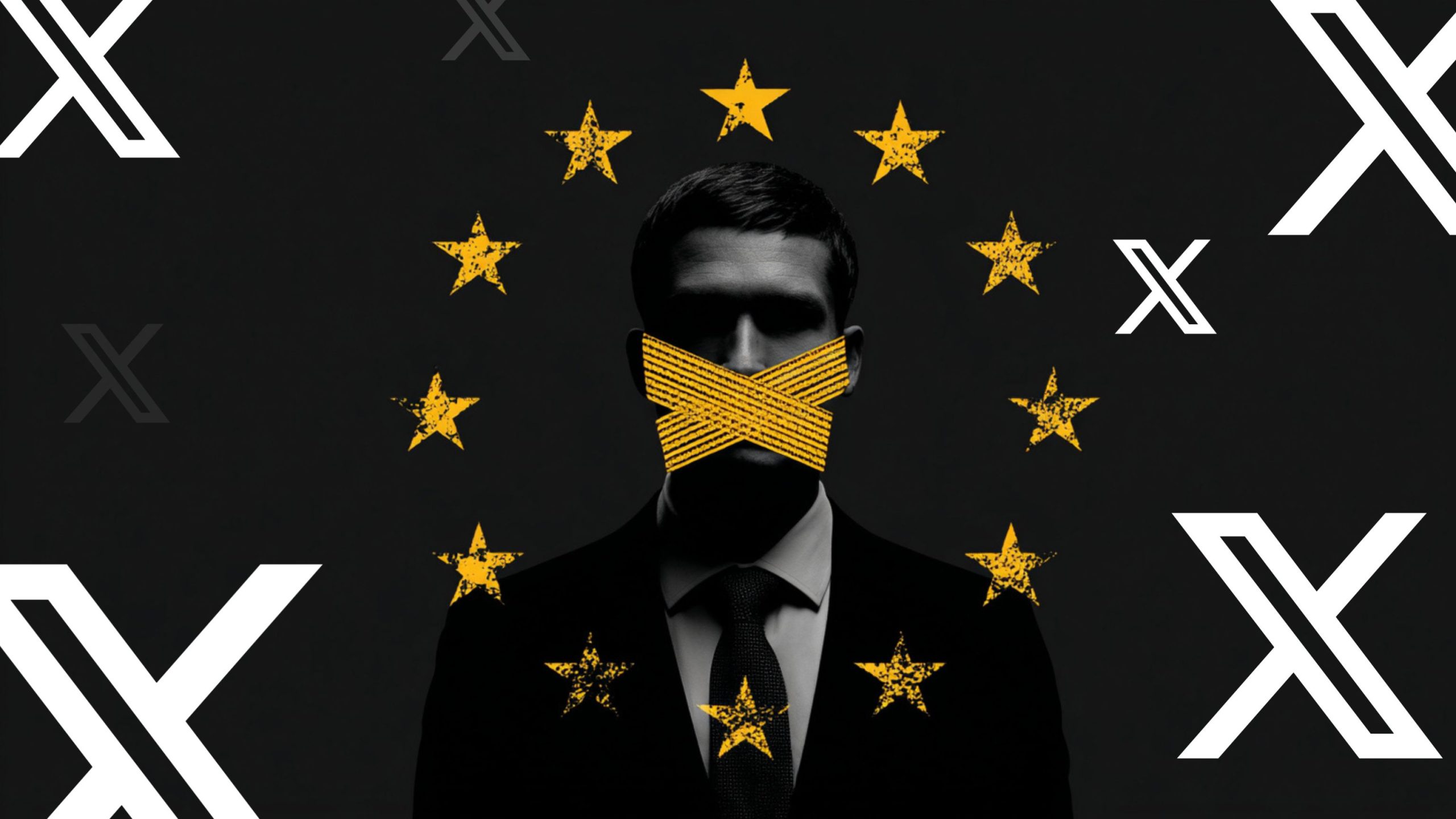Shadowed man in a suit with his mouth taped shut by crossed yellow strips, surrounded by a ring of distressed yellow stars on a dark background with white X symbols, suggesting censorship.