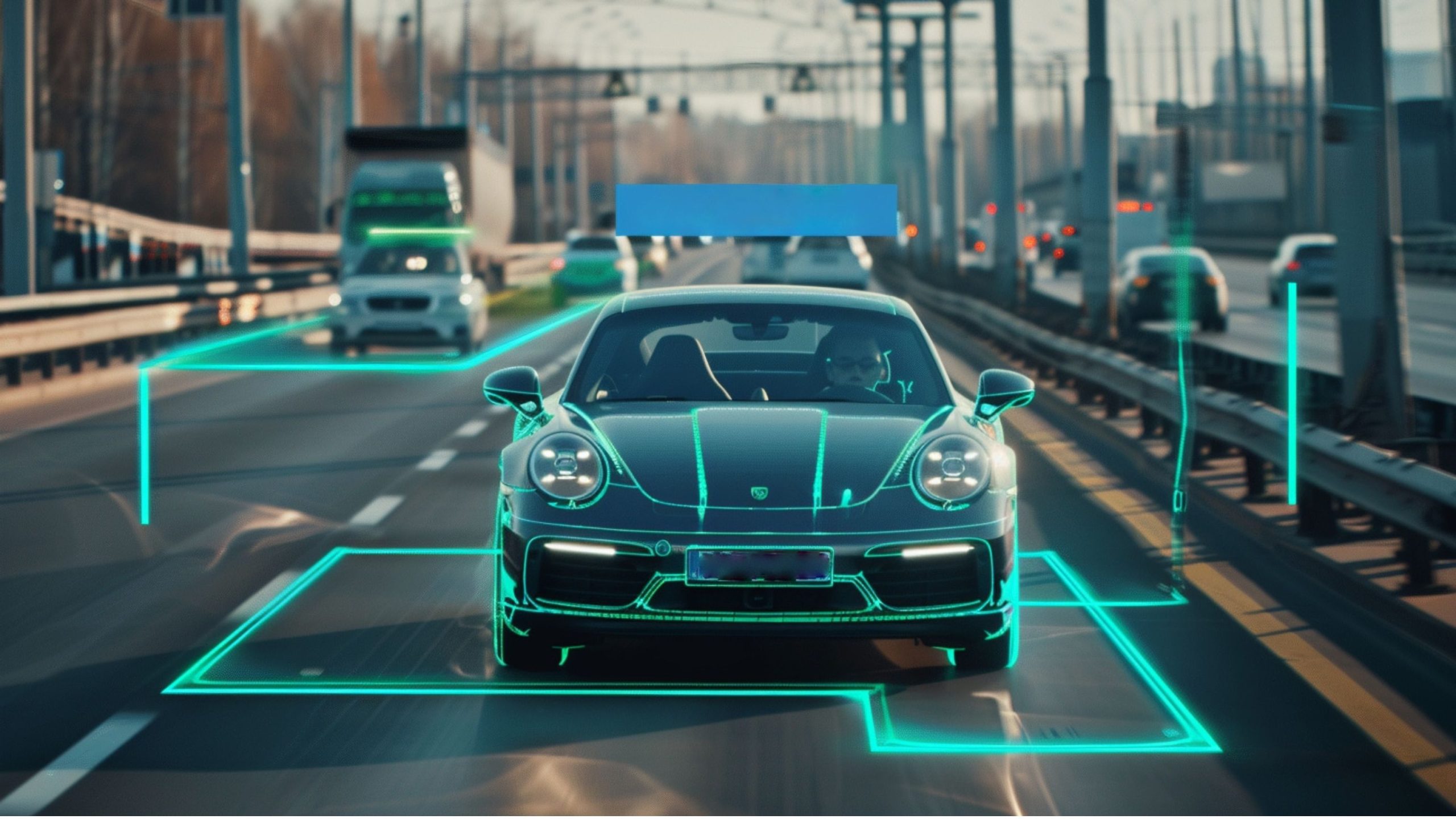 Front view of a black sports coupe on a highway with teal neon sensor outlines and bounding boxes for autonomous driving