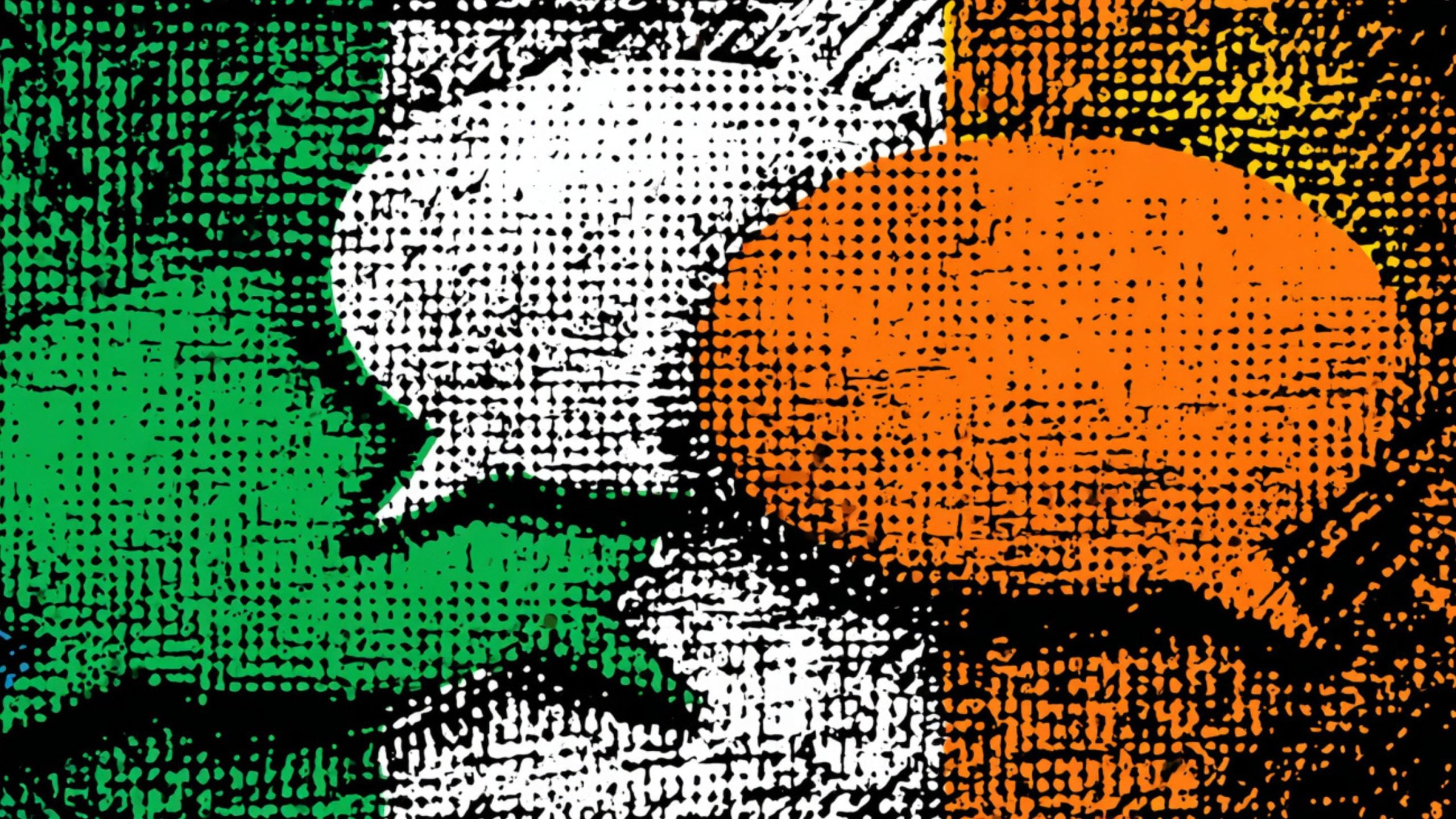 Pop-art halftone rendition of the Irish tricolor with textured green, white, and orange vertical stripes