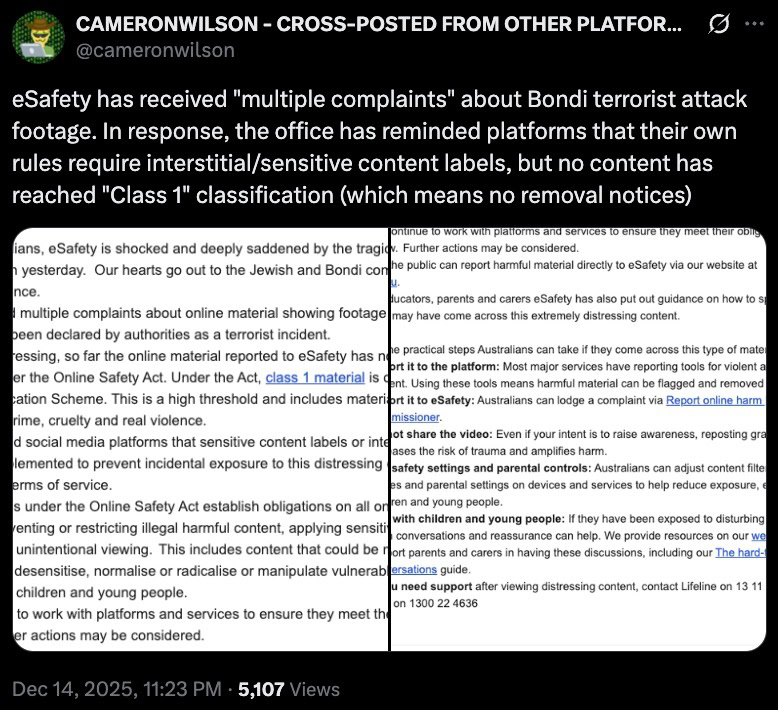 Social post screenshot saying eSafety got complaints about Bondi attack footage and urged content warnings.