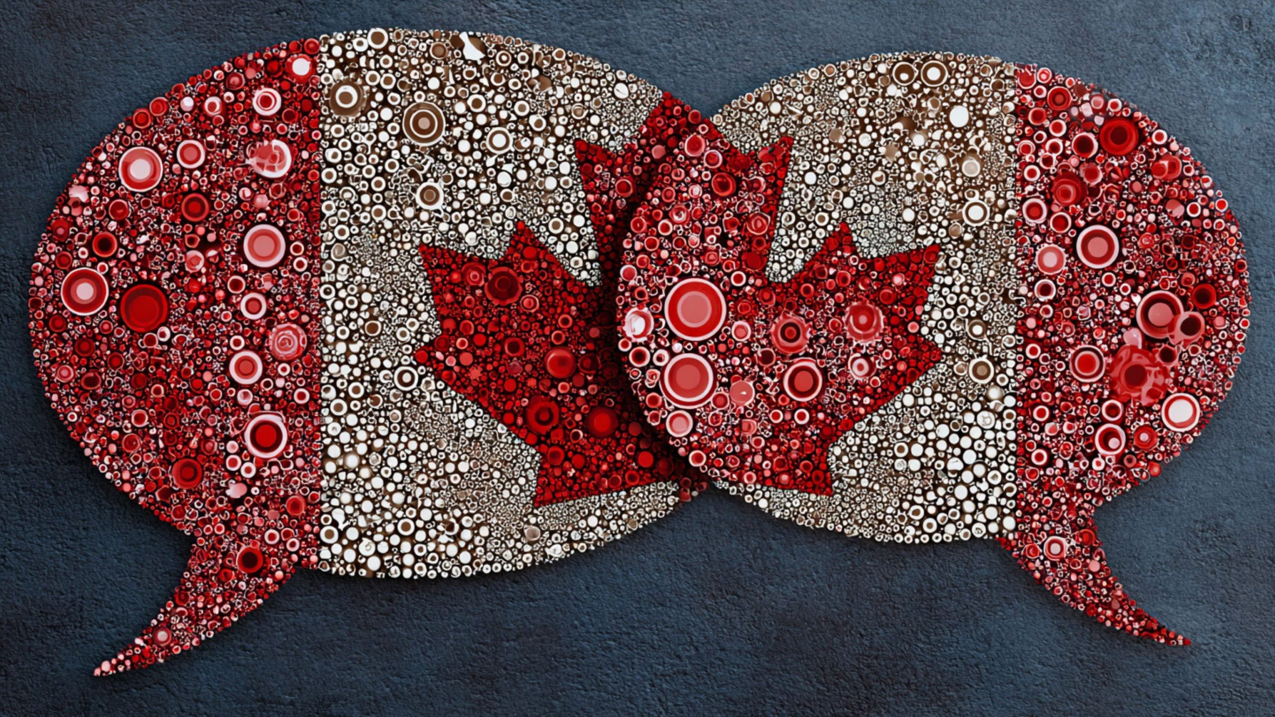 Two overlapping speech bubbles made of red and white circular beads forming a Canadian flag with a central maple leaf.