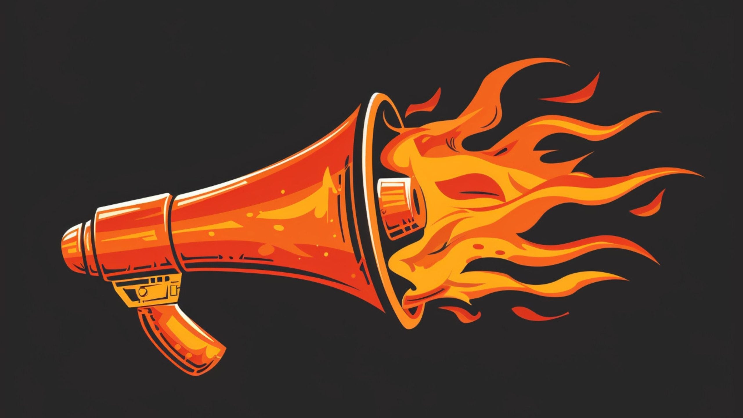 Stylized orange megaphone blasting bright red-orange flames against a dark background.