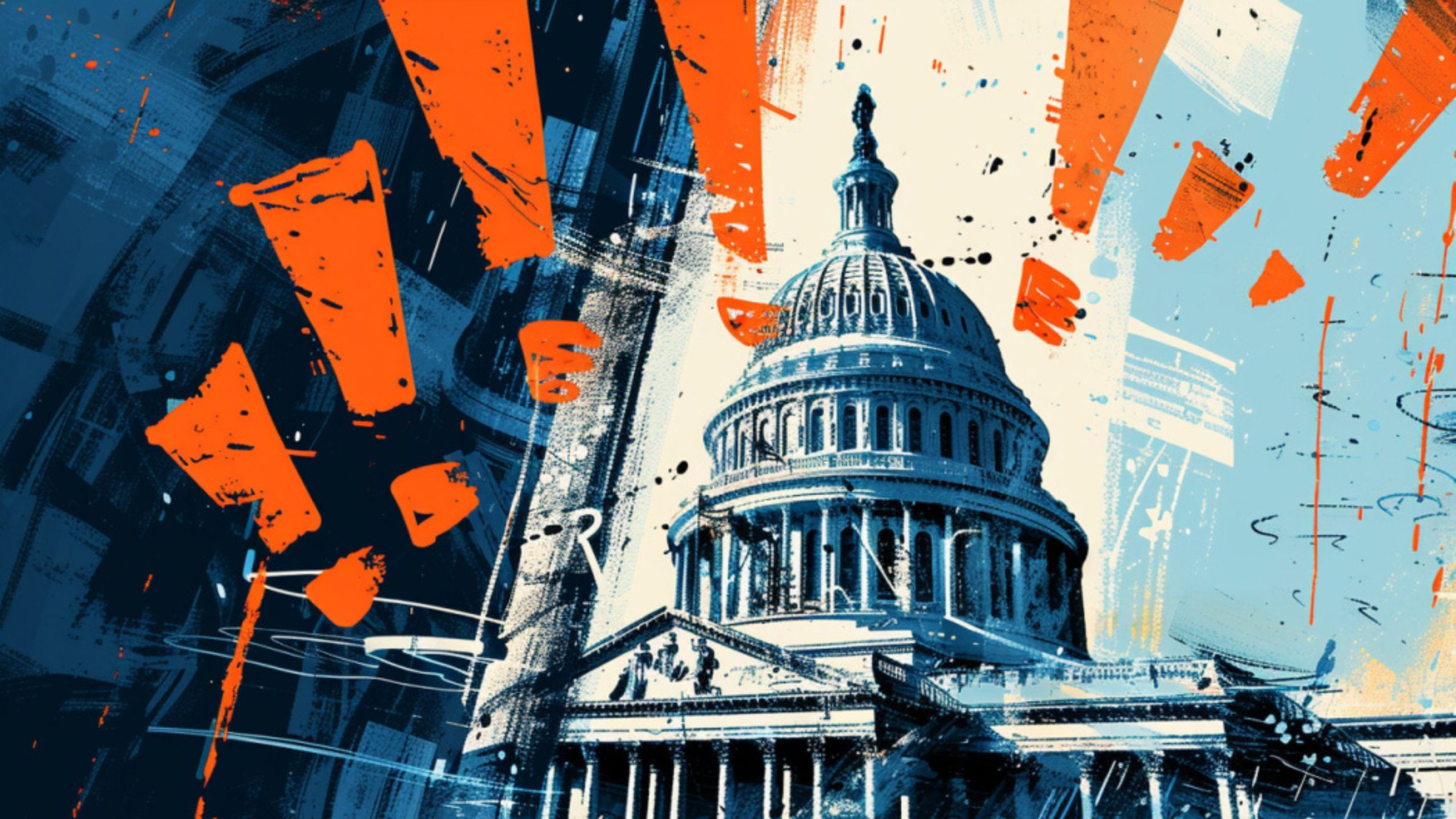 Stylized blue-and-orange illustration of the U.S. Capitol dome with bold orange paint splashes and grunge textures.