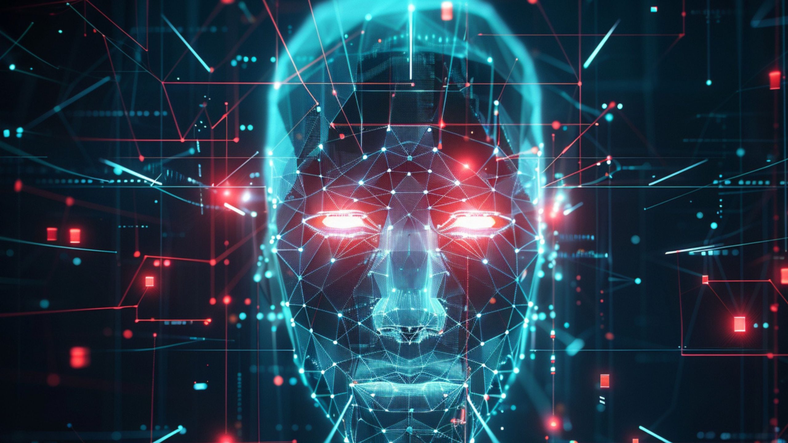 Glowing blue wireframe humanoid face made of nodes and edges with red glowing eyes amid floating red and cyan data lines