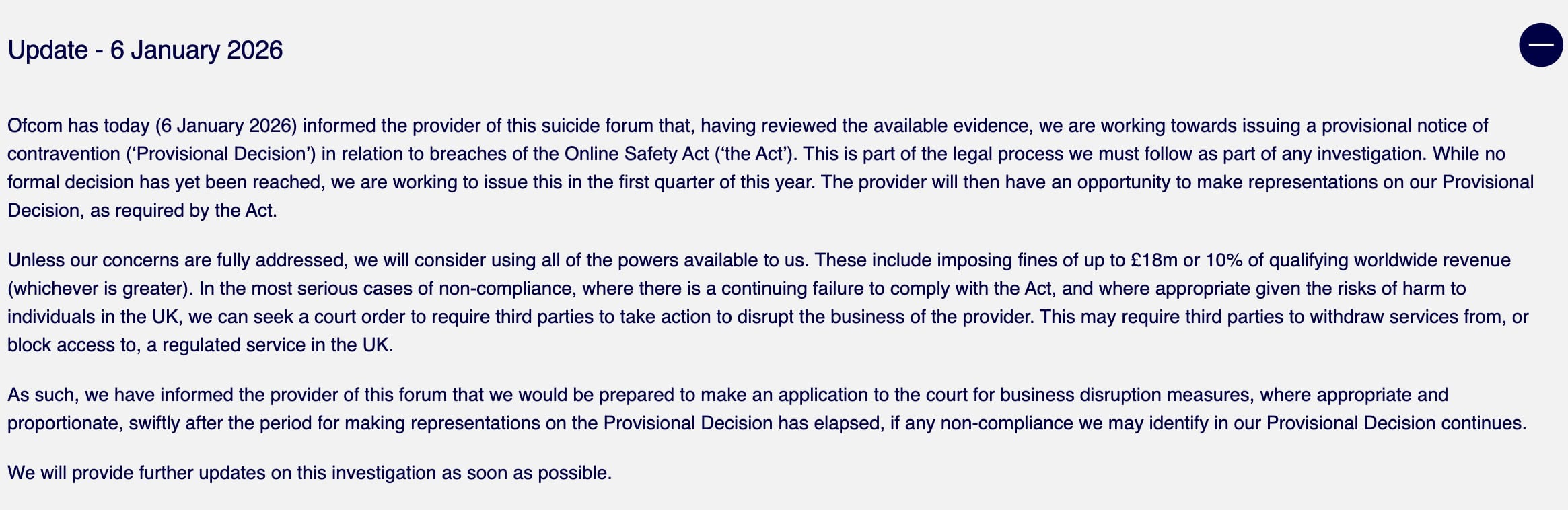 Ofcom update dated 6 January 2026 announcing a provisional notice over a suicide forum and potential fines or court measures.
