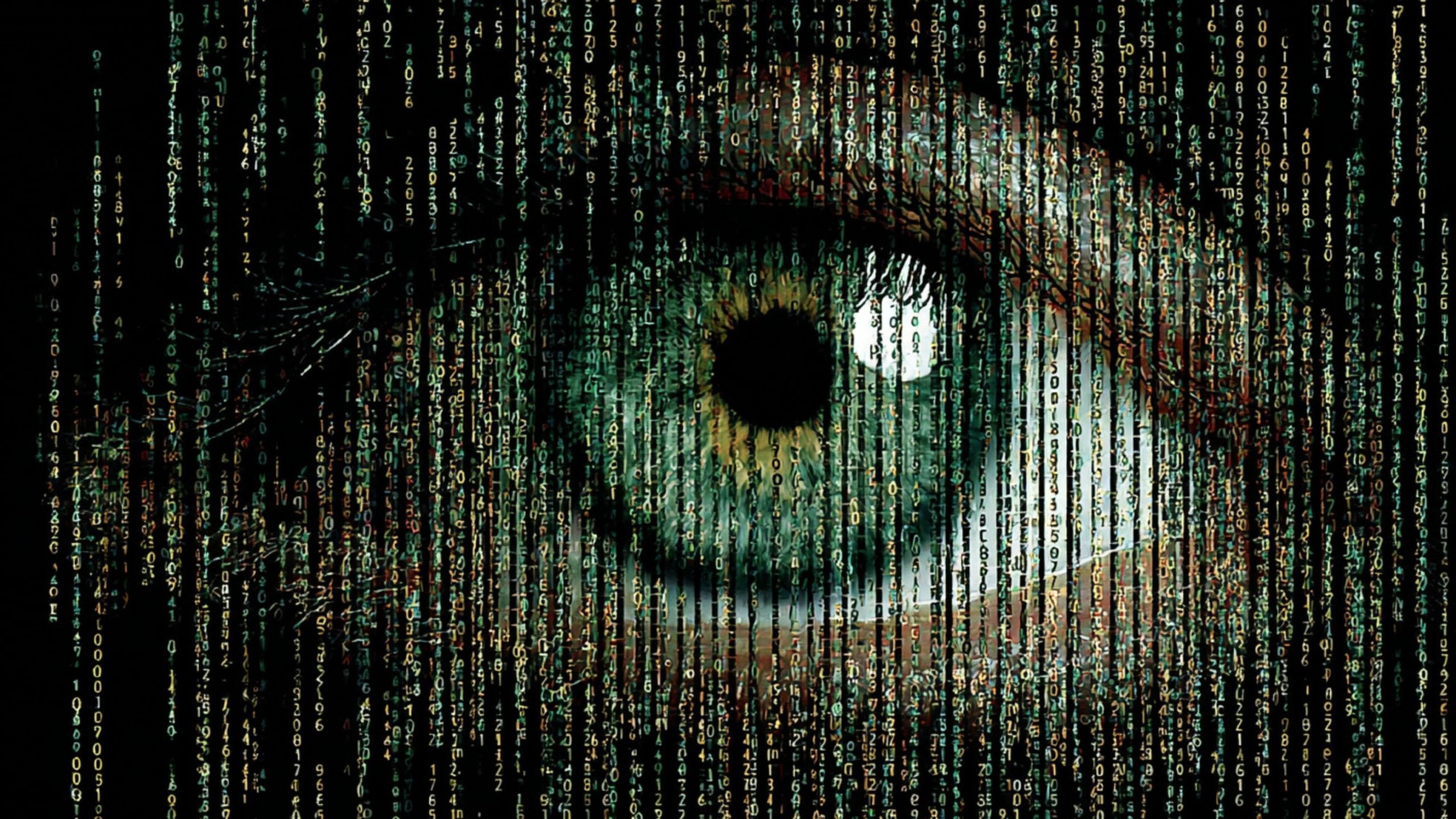 Close-up green eye overlaid with cascading green and yellow matrix-style code.