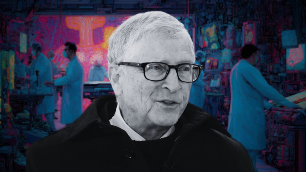 Gates with gray hair and black glasses against a neon-hued lab scene with masked scientists in white coats