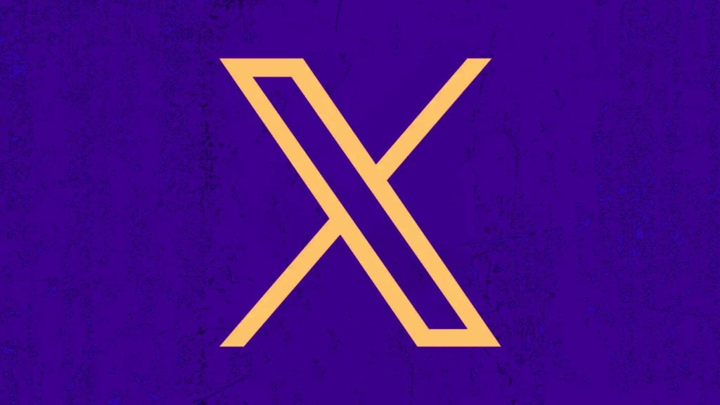Stylized yellow-orange outlined letter X with a double-line design centered on a textured deep purple background.