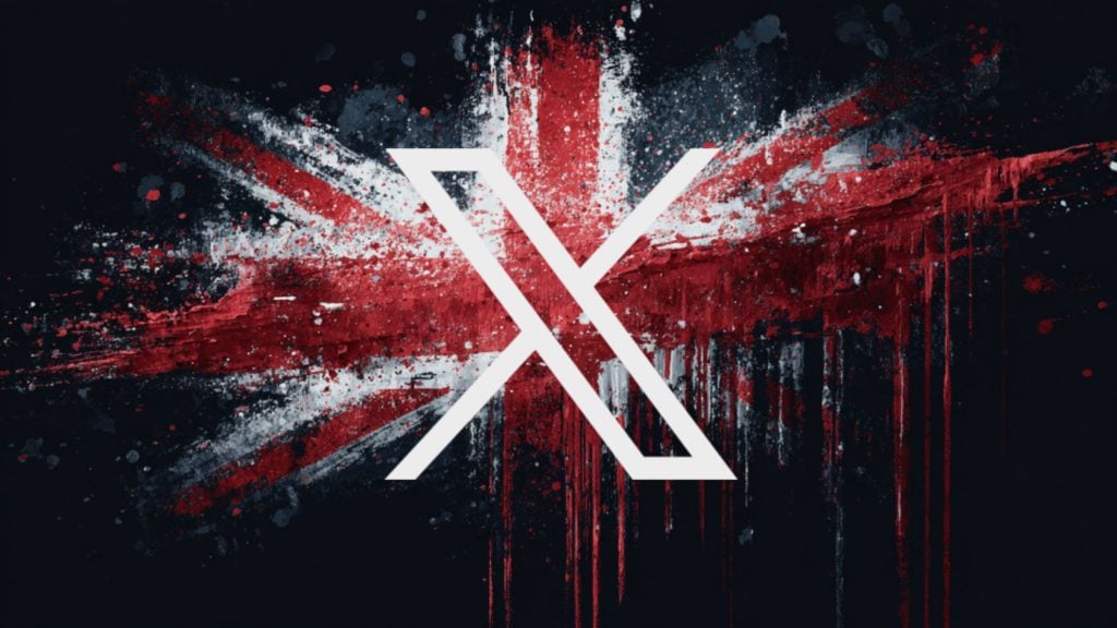 White geometric X over a grungy, splattered red-and-white Union Jack on a dark background.
