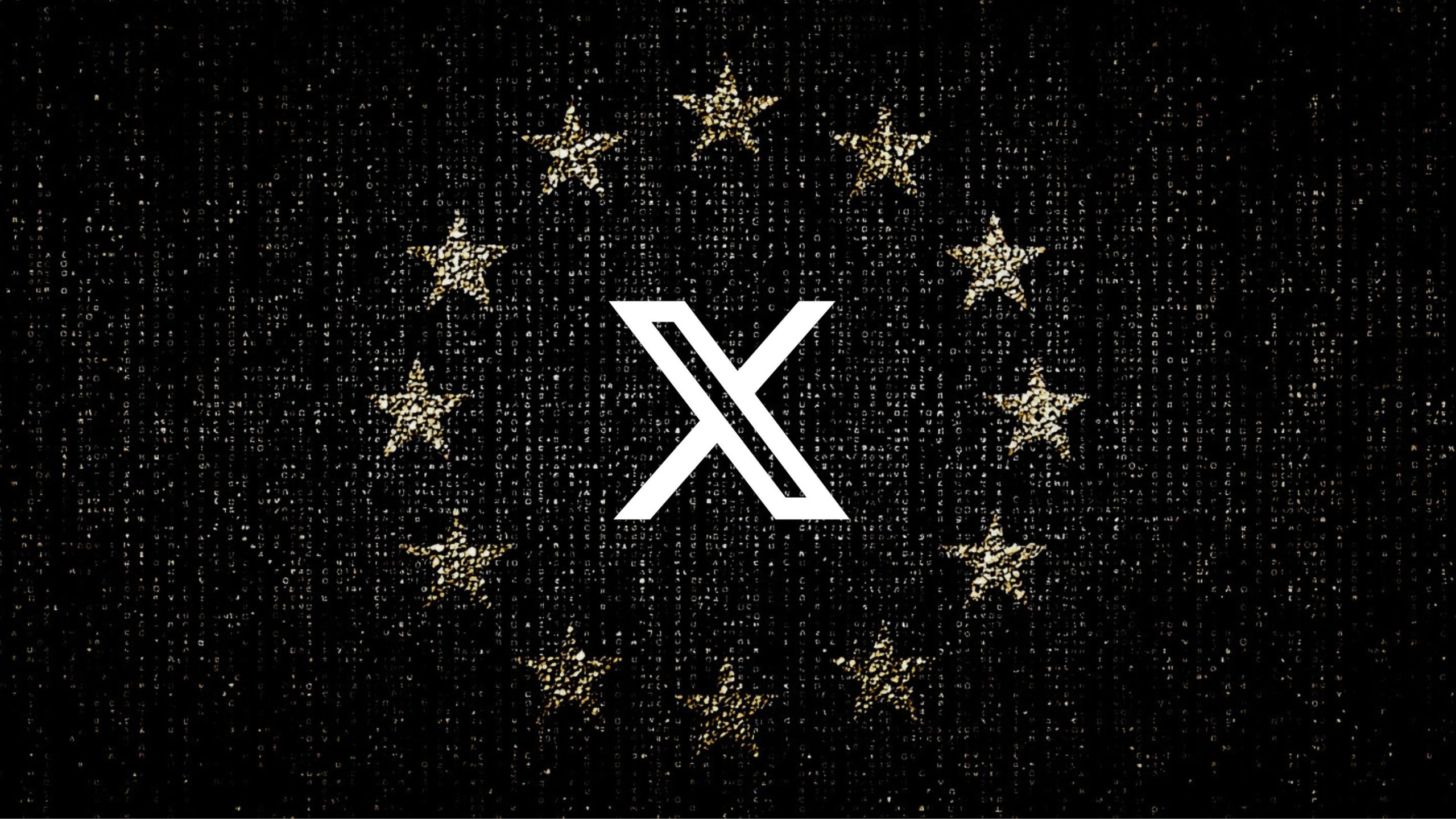 White X logo centered on a black, code-textured background encircled by twelve glittering gold stars.