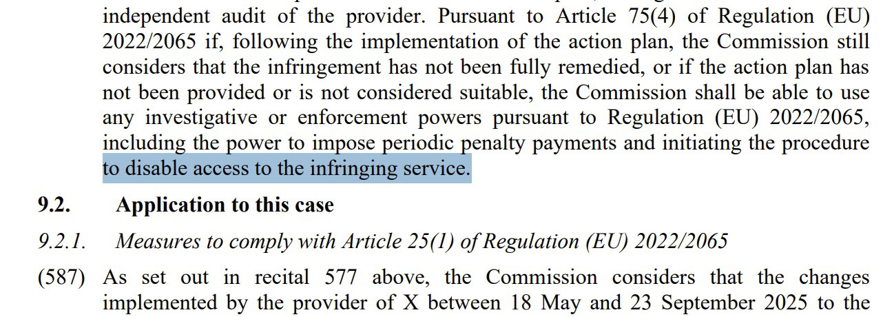 The EU threatens to block X if it does not meet its demands.