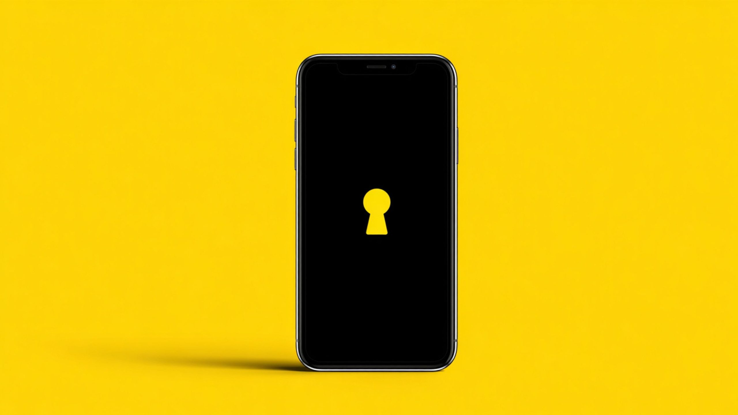 Smartphone with a black screen displaying a yellow keyhole icon centered against a bright yellow background.