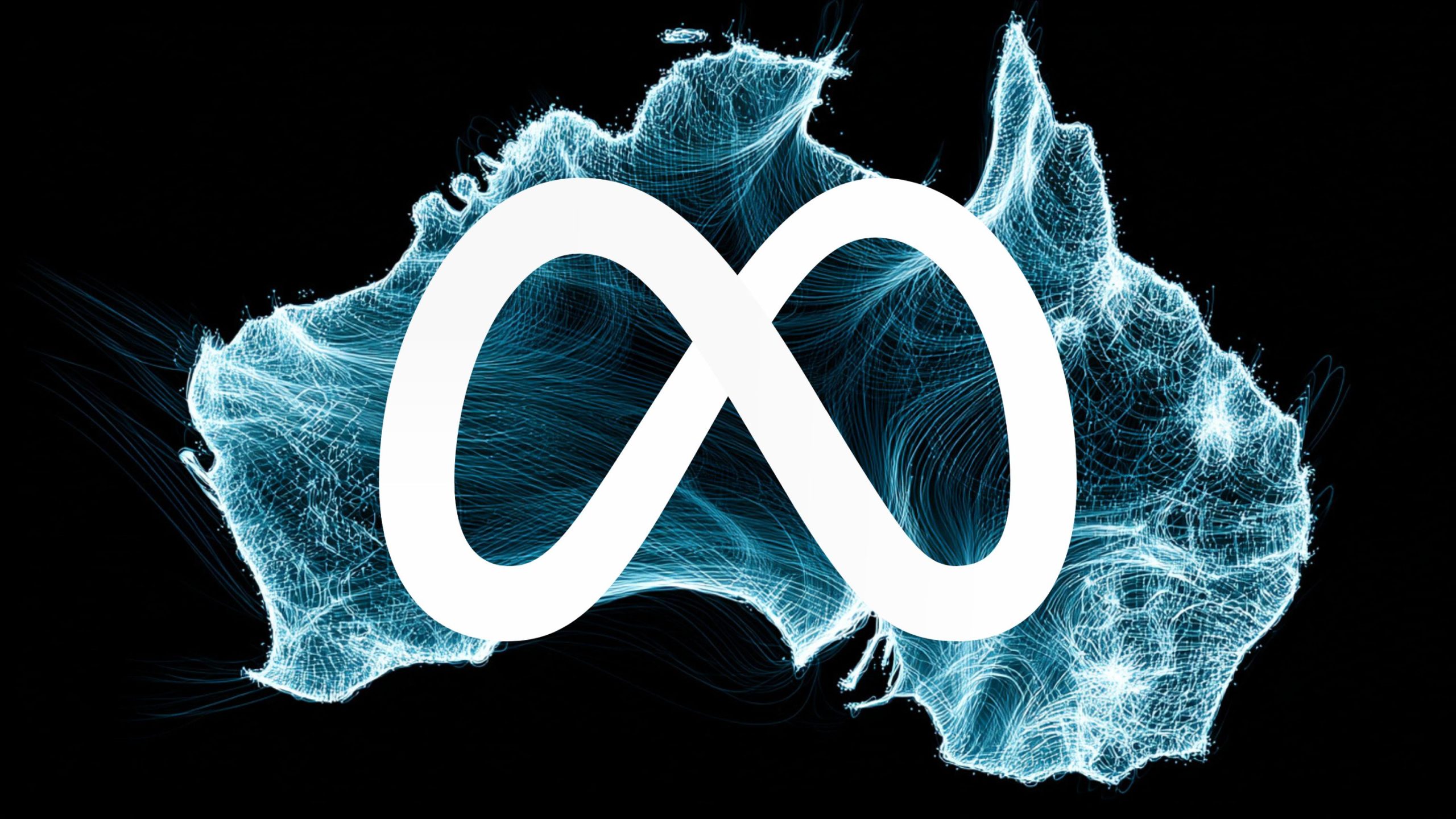 White infinity-shaped Meta logo centered over neon blue network-style outline of Australia on a black background
