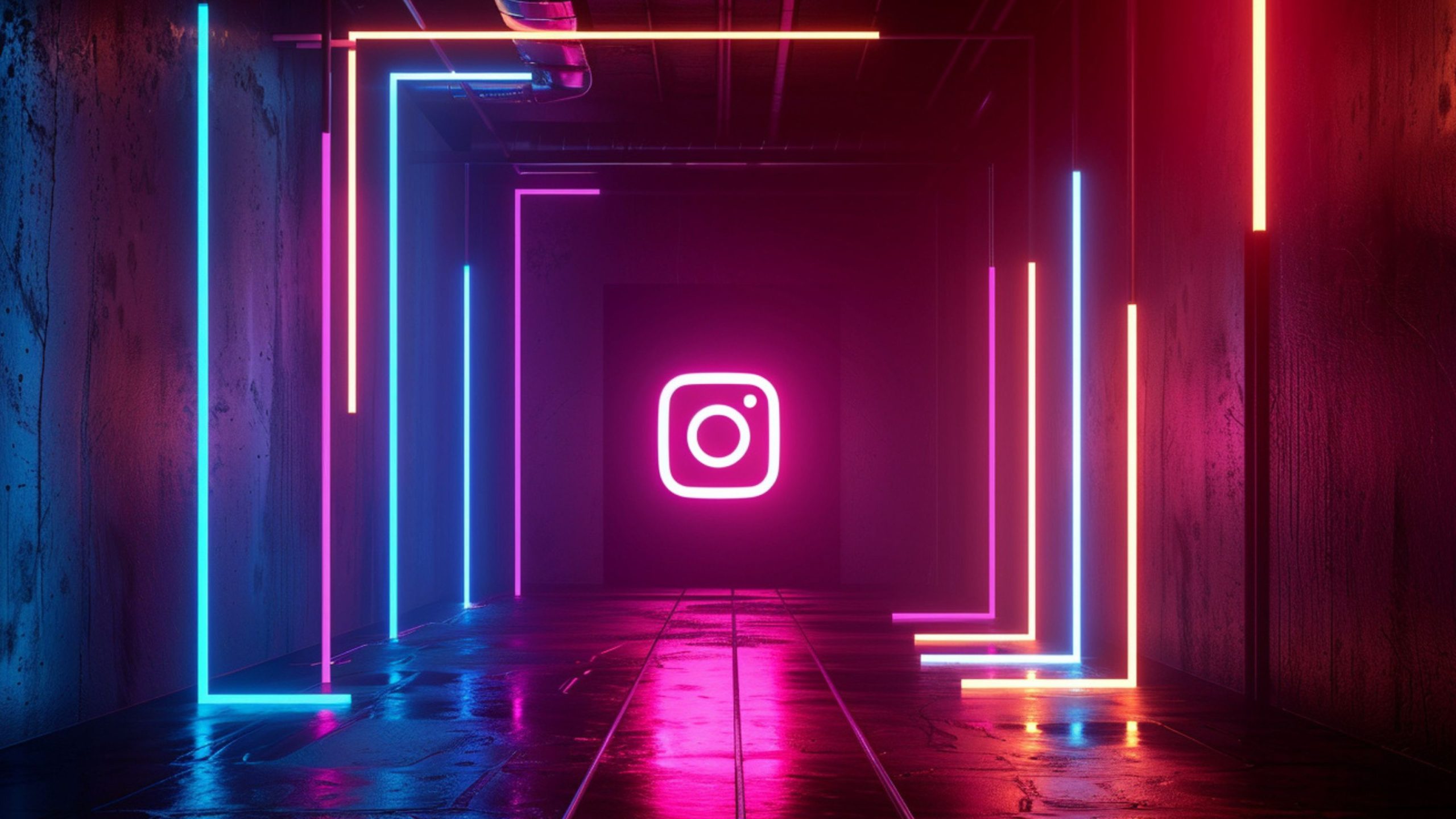 Neon-lit tunnel with a glowing pink Instagram logo centered, framed by blue, pink, and orange vertical neon bars reflecting on a wet floor.