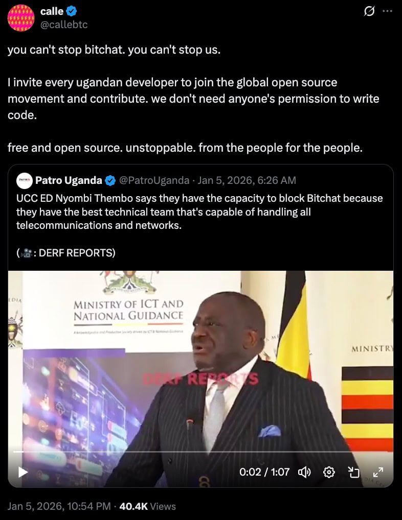 'You can't stop bitchat' post; quoted tweet says govt can block the app; video shows a suited speaker at the ICT ministry.