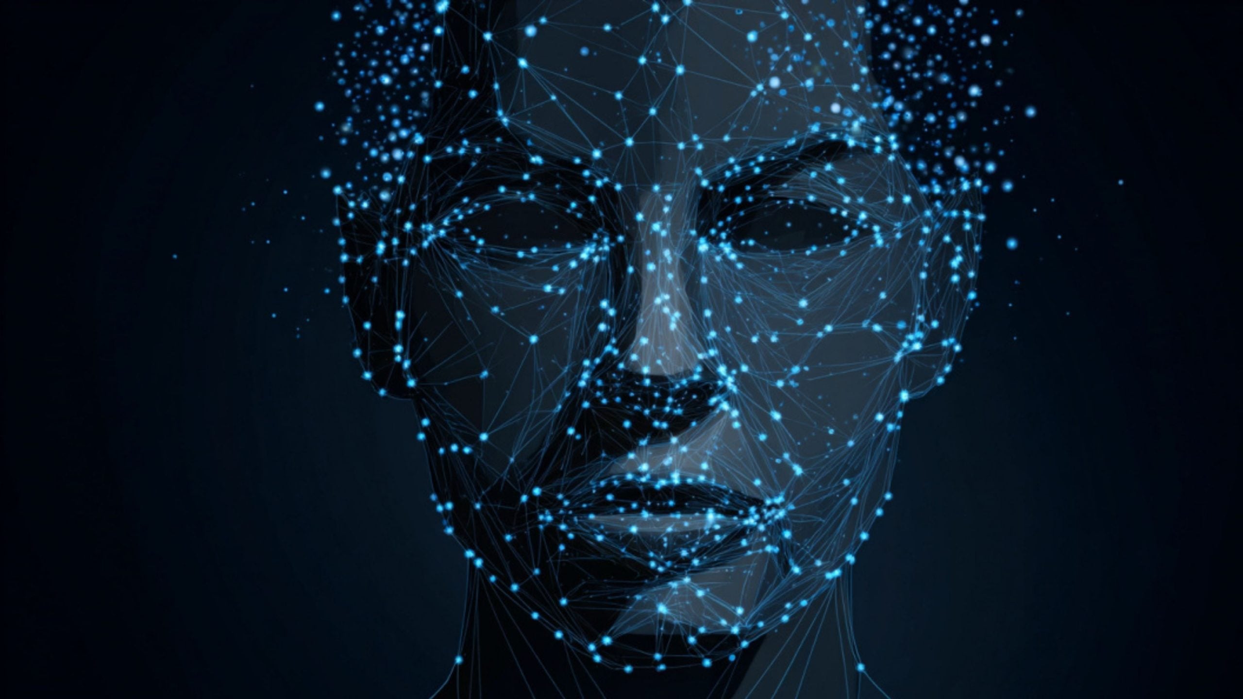 Abstract human face formed by blue glowing network nodes and connecting lines on a dark background.