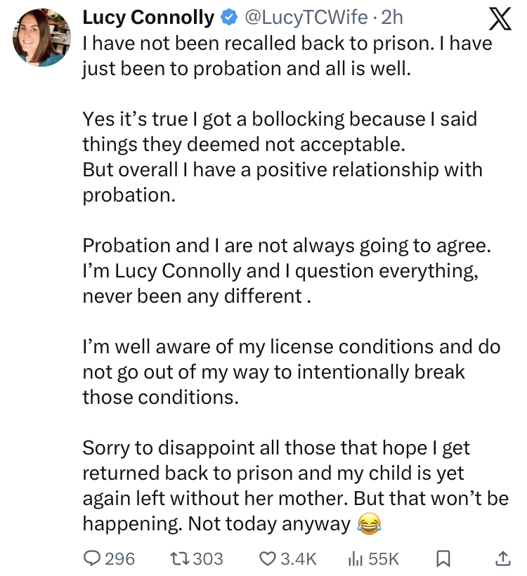 Tweet from a verified account saying they haven't been recalled to prison, met probation, and won't be sent back today.