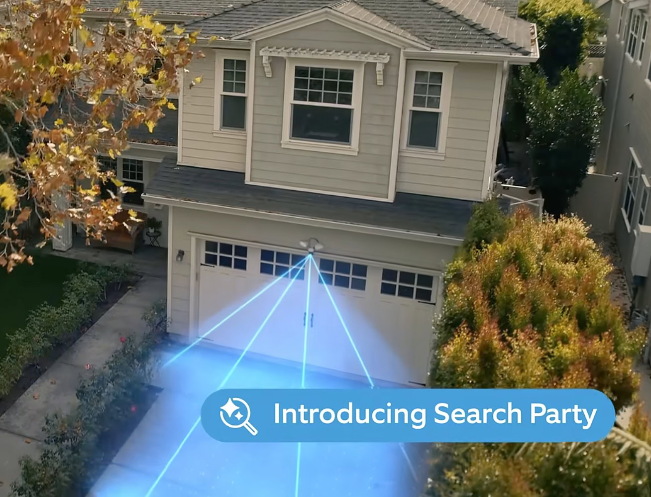 Two-story beige house with garage; blue scanning beams emit from a device above the garage door, with overlay text "Introducing Search Party"