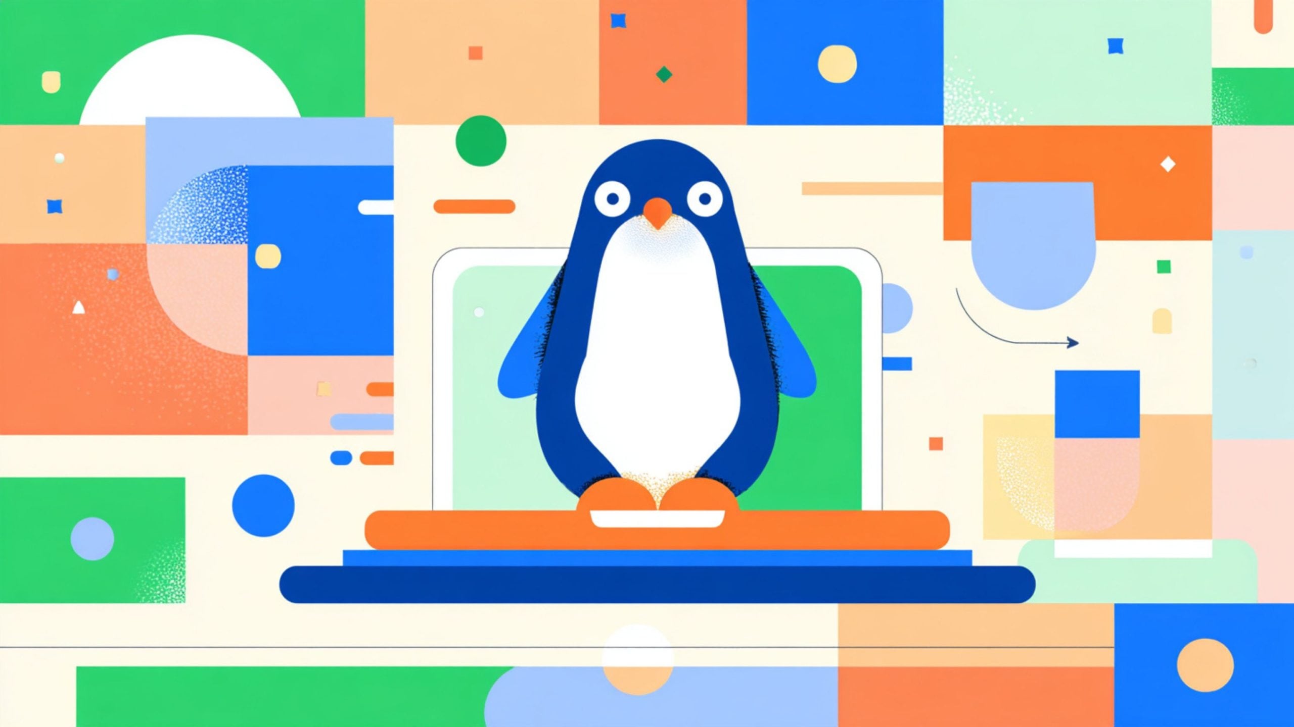 Stylized blue-and-white penguin with orange beak standing centered on a laptop-like green screen against a colorful geometric background.