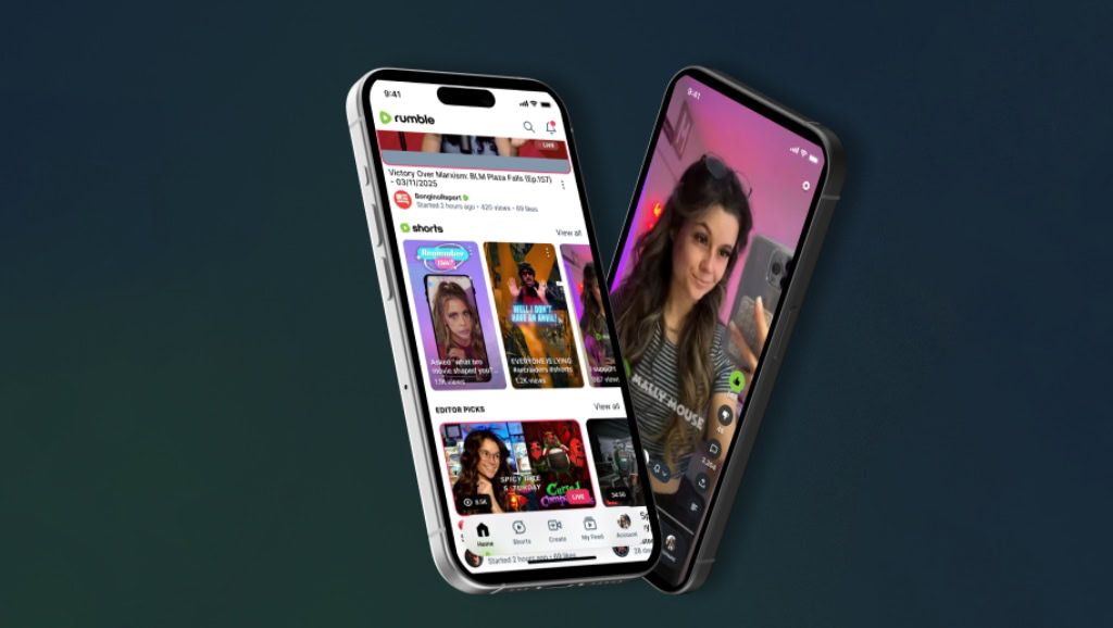 Two smartphones against dark background showing Rumble app: left with video thumbnails, right playing a vertical selfie video.