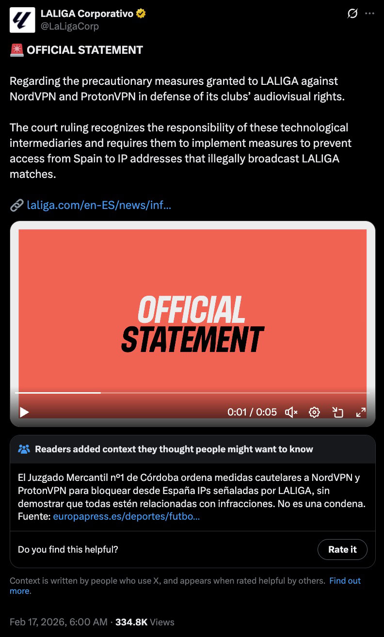 LALIGA post announcing court-ordered measures for NordVPN and ProtonVPN to block IPs; red OFFICIAL STATEMENT video thumbnail.