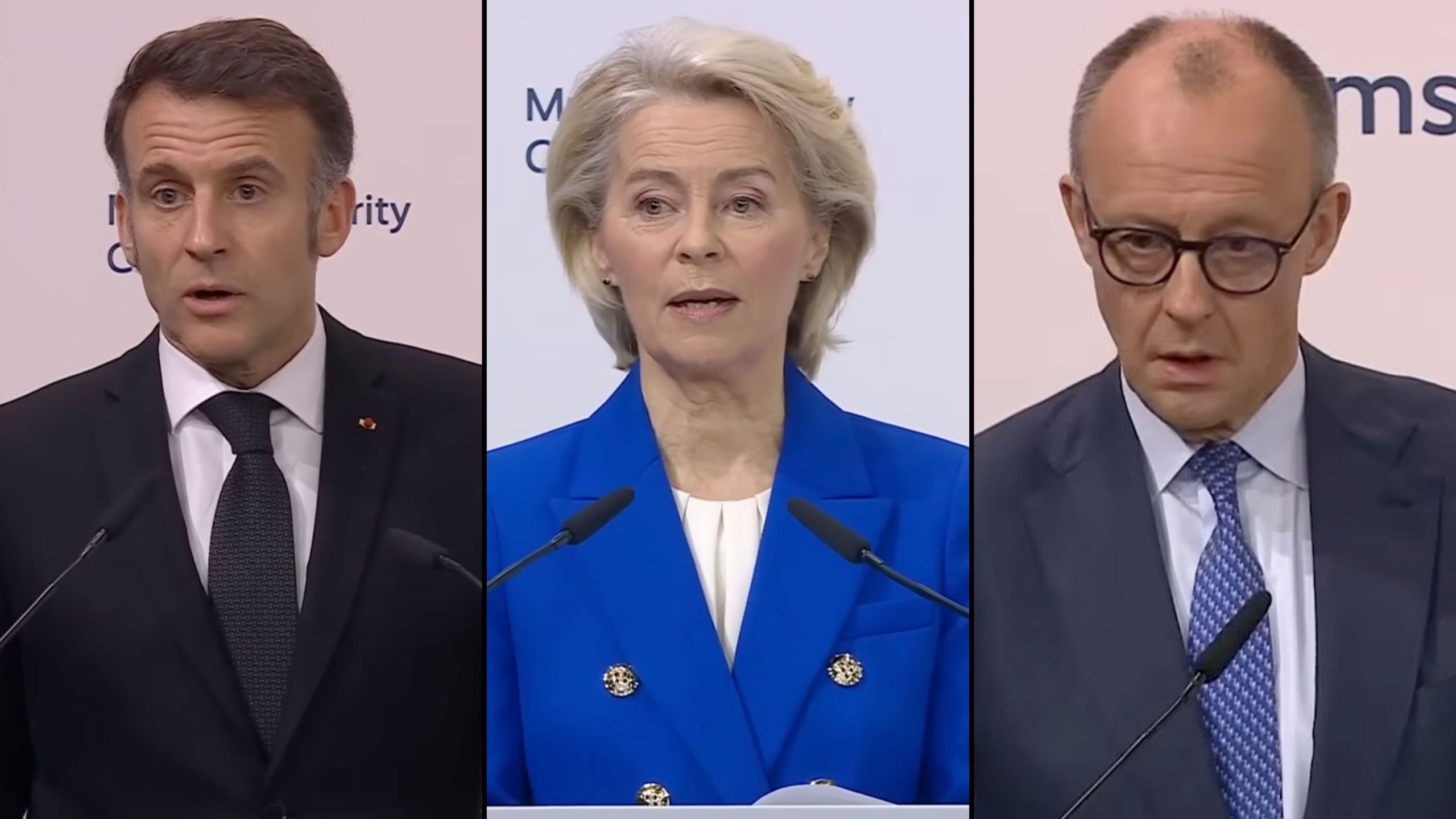 Three officials at podiums: Macron, Von De Leyen, and Merz.