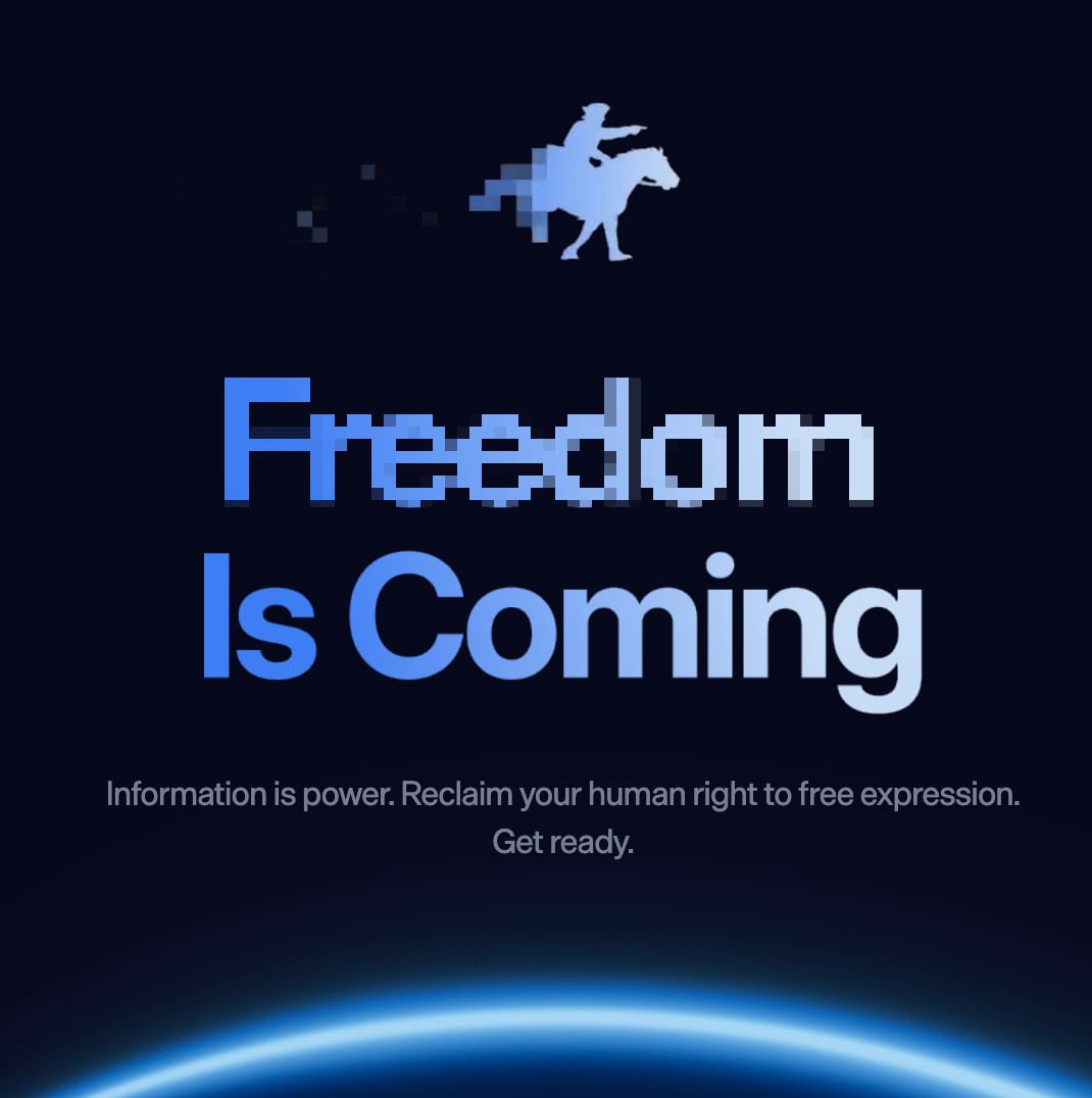 Blue headline "Freedom Is Coming" with a pixelated rider on horseback above, tagline about reclaiming free expression and a glowing horizon