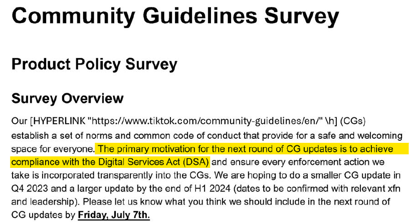 Document titled "Community Guidelines Survey" showing "Product Policy Survey" and a highlighted line saying next CG updates aim to comply with the Digital Services Act (DSA).