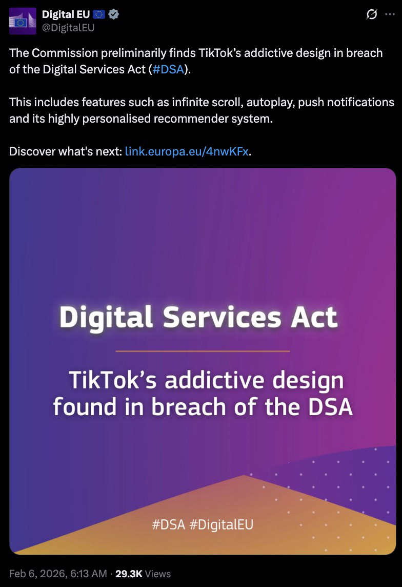 Digital EU tweet: TikTok's addictive design found in breach of the Digital Services Act, shown on a purple announcement graphic.