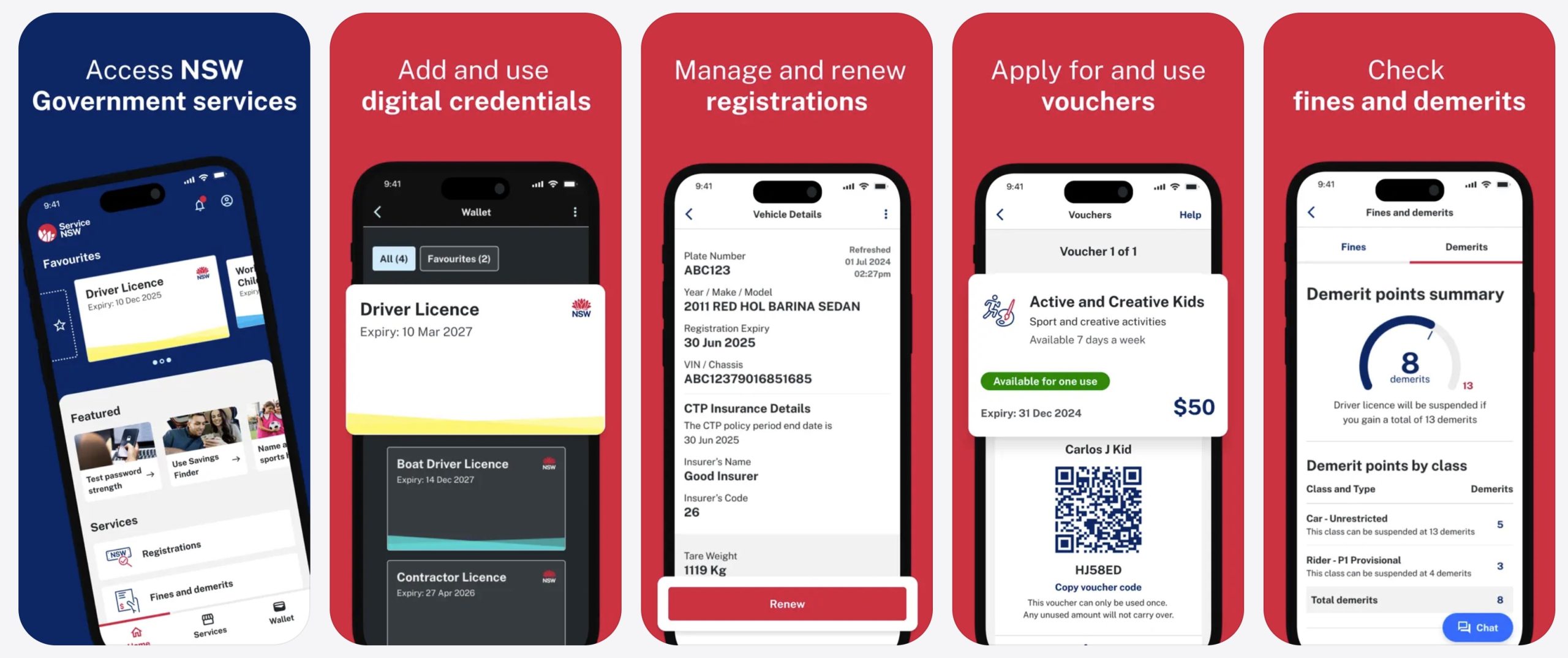 Five phone screens of NSW app showing digital licences, wallet, vehicle info, vouchers with QR code, and demerit points.