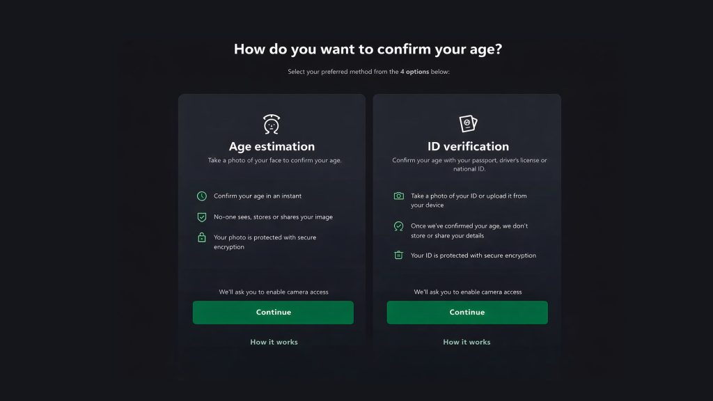 Two-option age verification screen: face-based age estimation or passport/ID verification, each with a green Continue button.