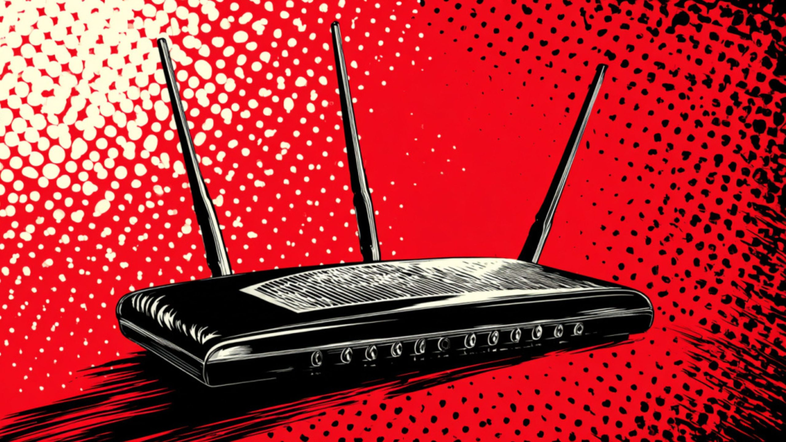 Black wireless router with three upright antennas drawn in bold black-and-white comic style against a red dotted pop-art background.