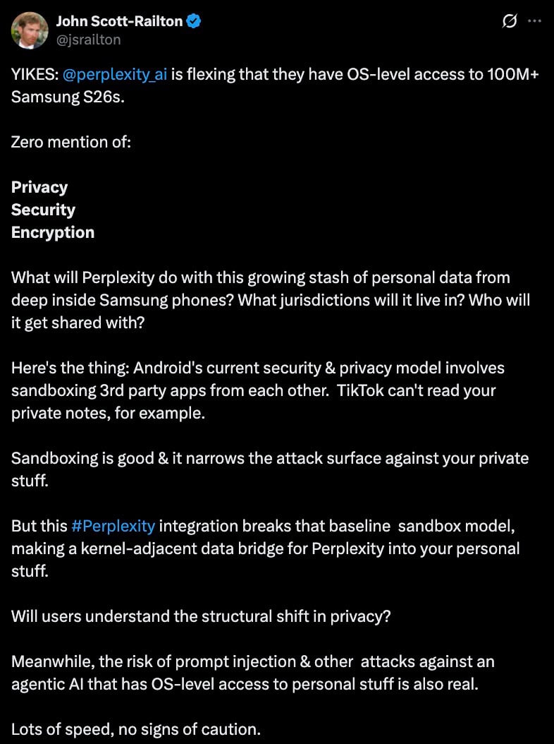 Social post warning that Perplexity AI's OS-level access to Samsung S26 phones breaks Android sandboxing and risks privacy.