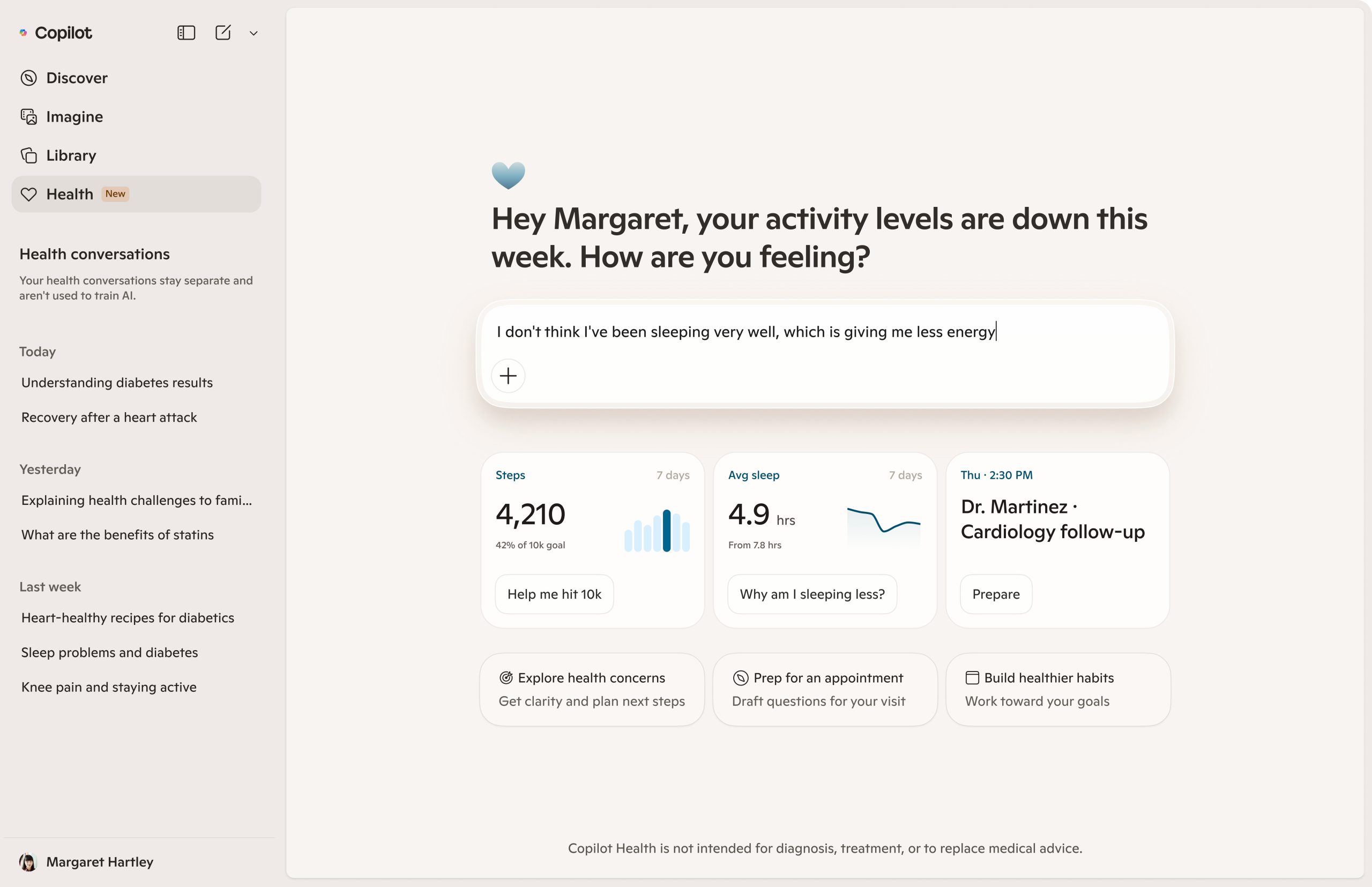 Health app dashboard showing greeting to Margaret, text input about poor sleep, step count 4,210, avg sleep 4.9 hrs, and cardiology follow-up card.