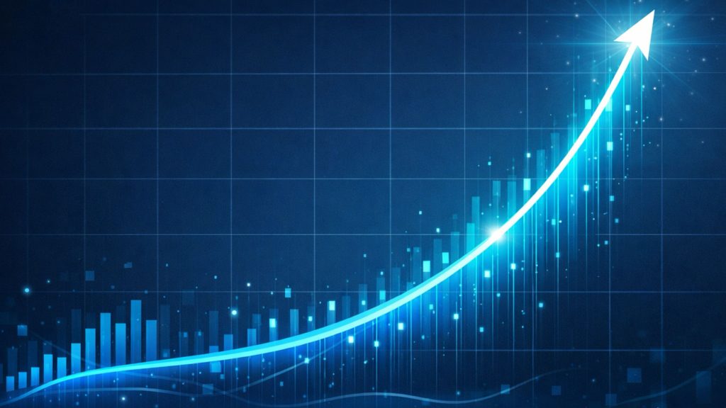 Blue chart with rising bar graph and glowing upward-curving arrow indicating strong growth over time.