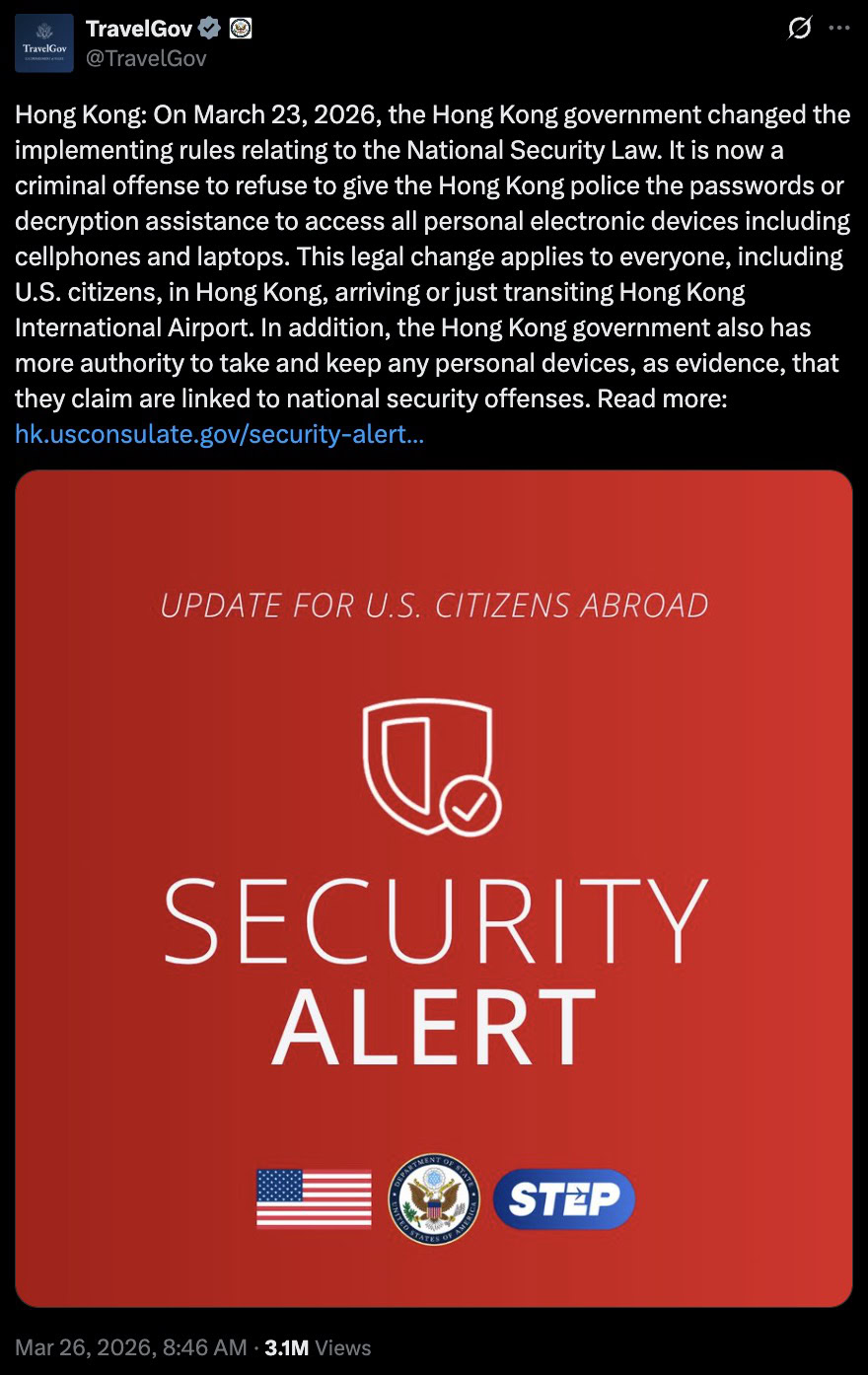 US government TravelGov tweet warning Hong Kong law change: security alert about police access to travelers' electronic devices and passwords.