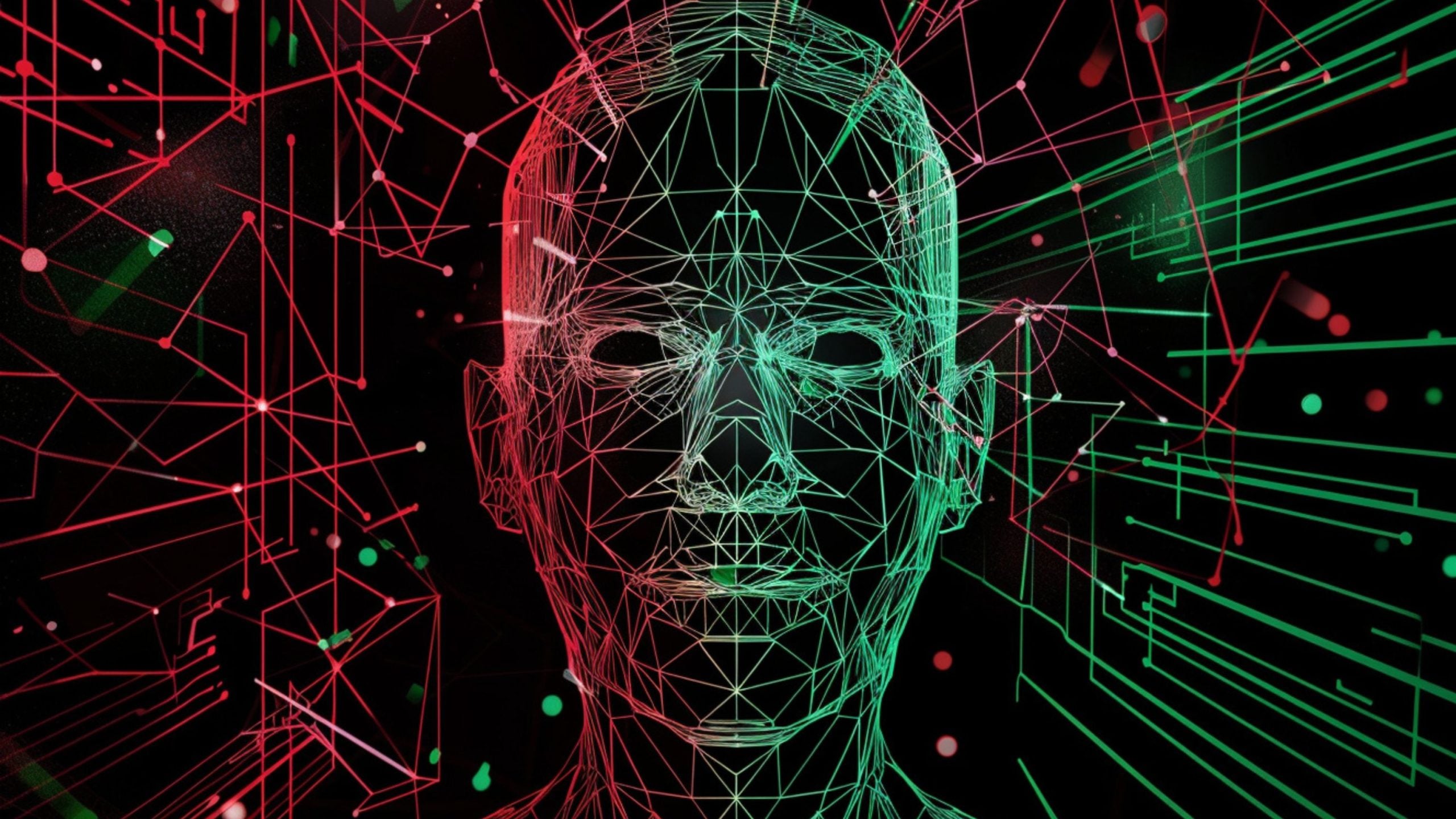 Wireframe human face in neon red and green with geometric network lines and circuit-like connections on a black background.