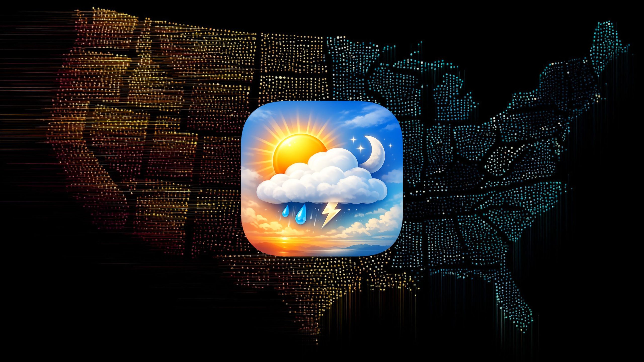 Rounded weather app icon showing sun, moon, clouds, raindrops and lightning over a stylized sunset sky, centered on a dotted US map background