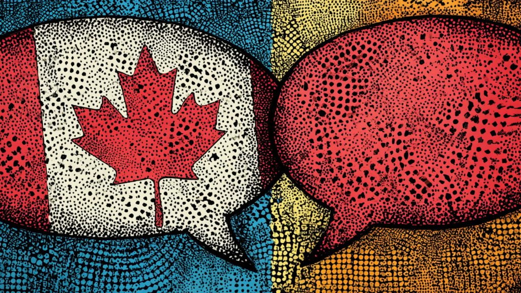 Two comic-style speech bubbles touching, one filled with a stylized Canadian flag maple leaf, the other solid red, on textured colors.
